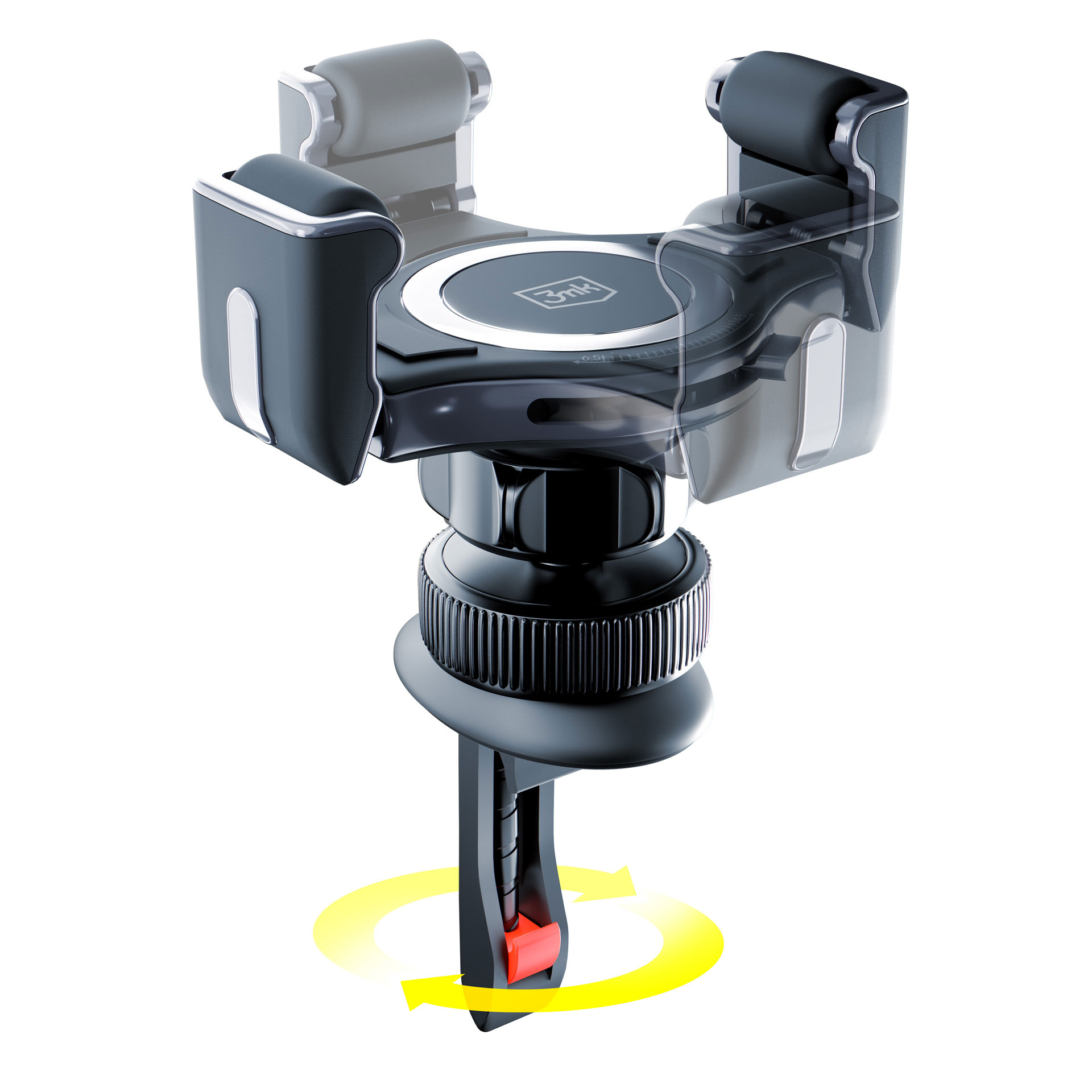 Czarny i szary uchwyt do telefonu samochodowego. Posiada obrotową podstawę z żółtą strzałką i czerwonym przyciskiem.