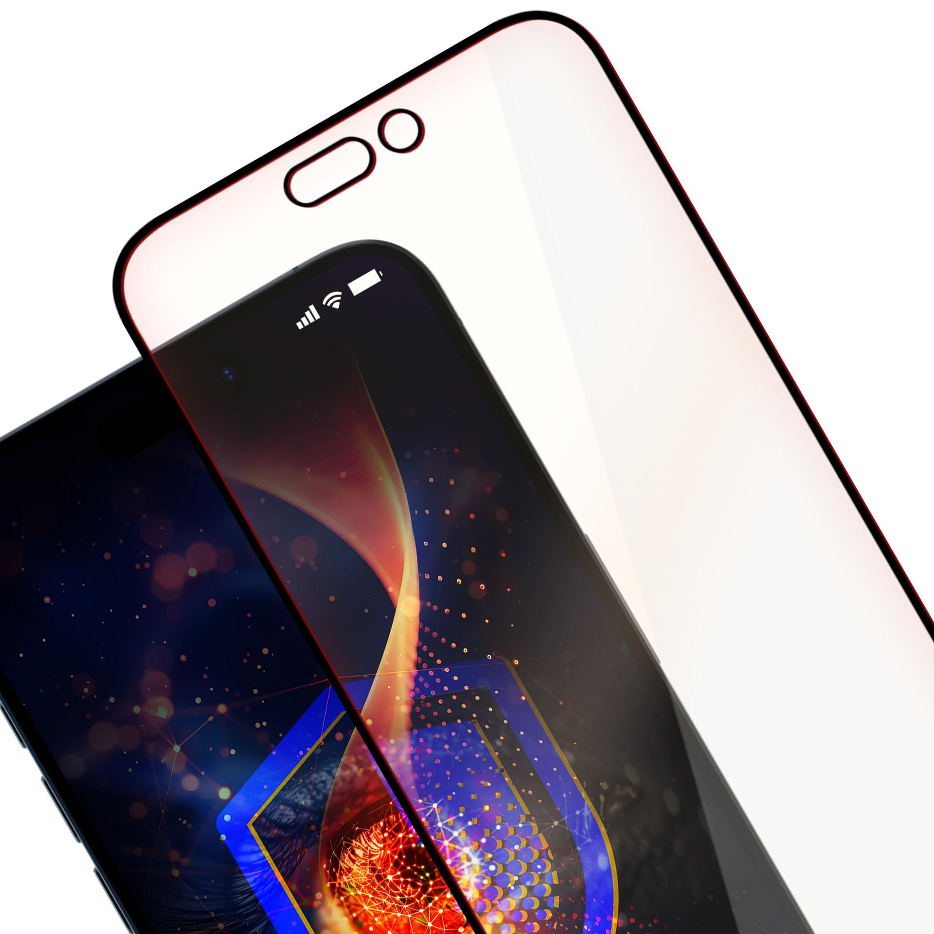 Uno smartphone con protezione schermo. Lo schermo mostra un'immagine astratta colorata. La protezione ha ritagli per la fotocamera.