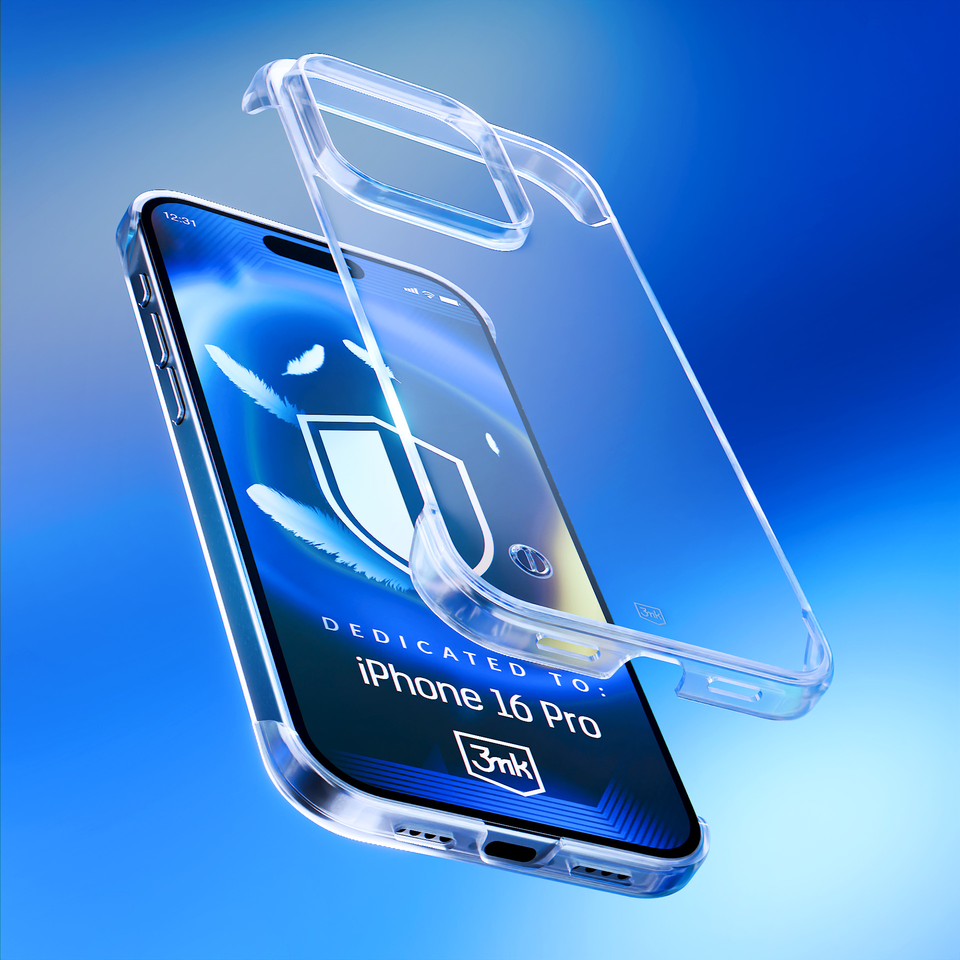 iPhone 16 Pro z przezroczystym etui. Ekran wyświetla tarczę i pióra. Niebieskie gradientowe tło.