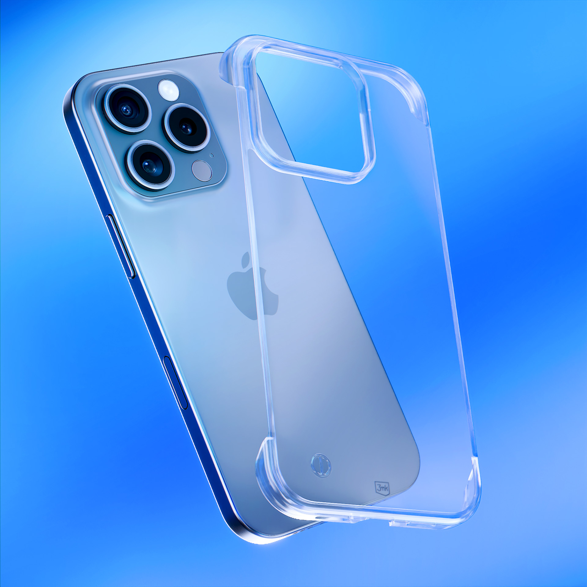 iPhone z przezroczystym etui. Telefon jest jasnoniebieski, z przezroczystym etui. Niebieskie tło.