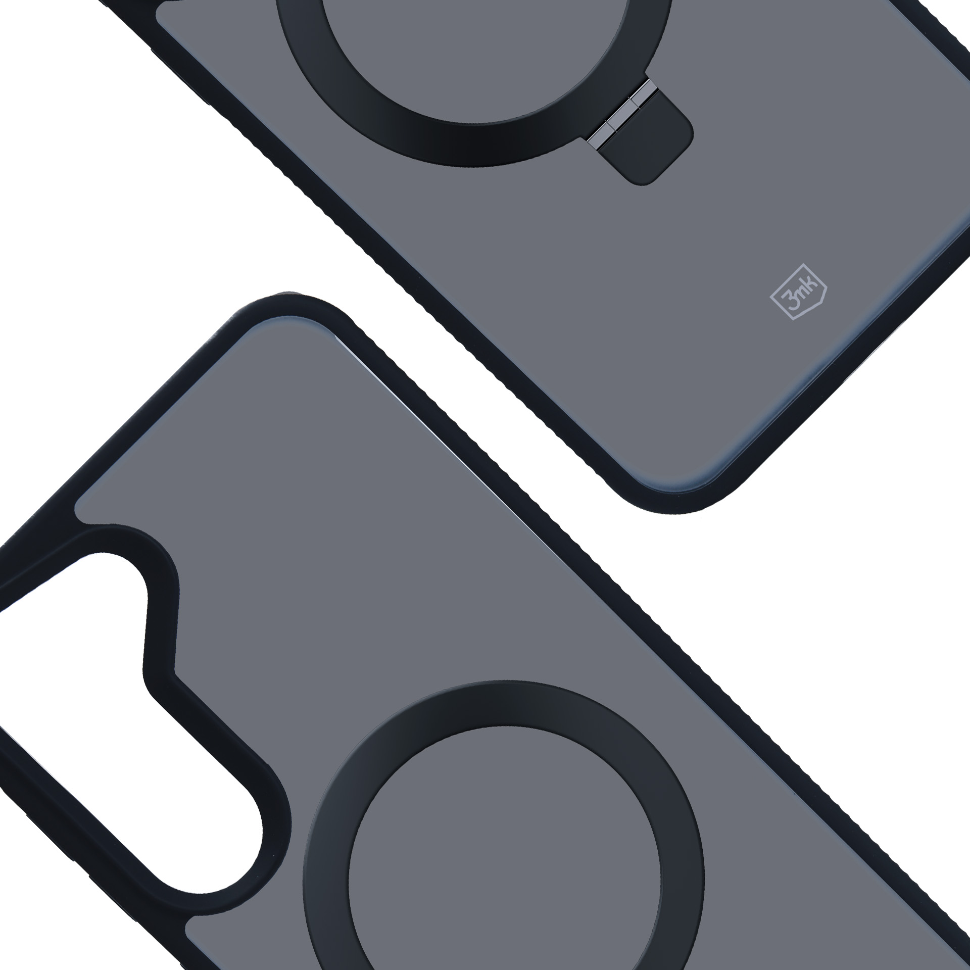 Dwa szare etui na telefon z czarnymi obwódkami i magnetycznymi pierścieniami, na białym tle.
