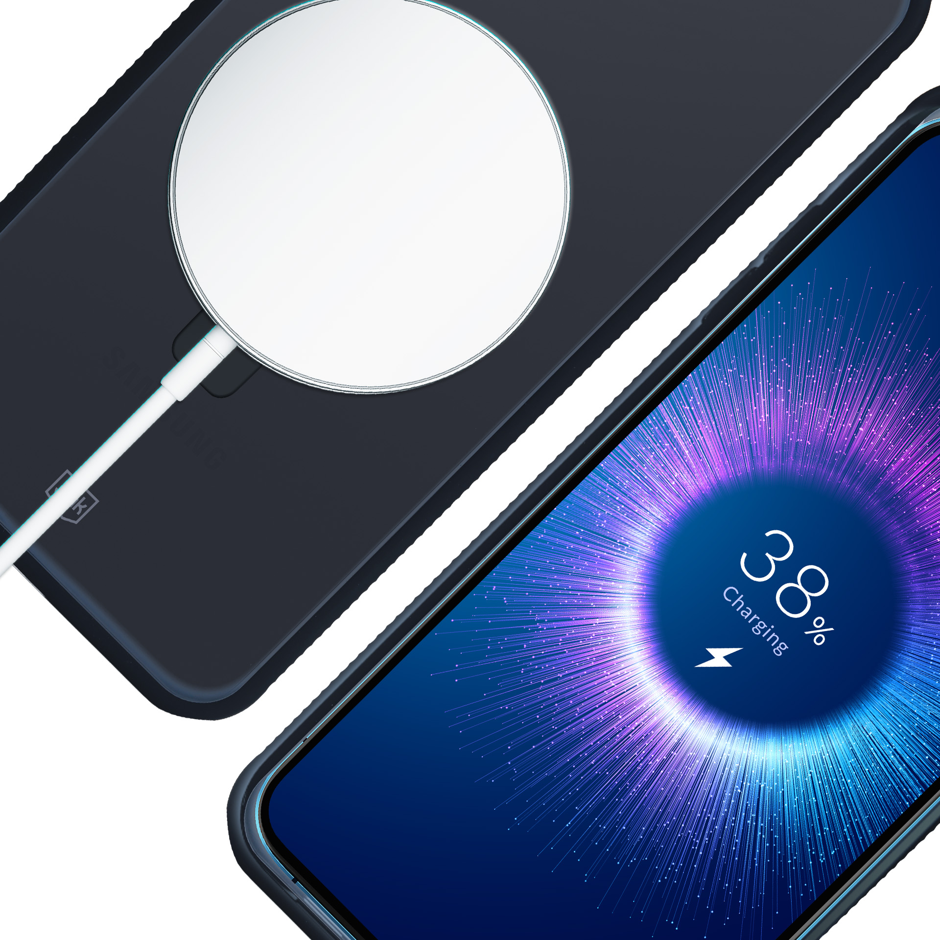 Telefon ładuje się bezprzewodowo, pokazując 38% naładowania. Ładowarka jest biała, telefon czarny. Białe tło.