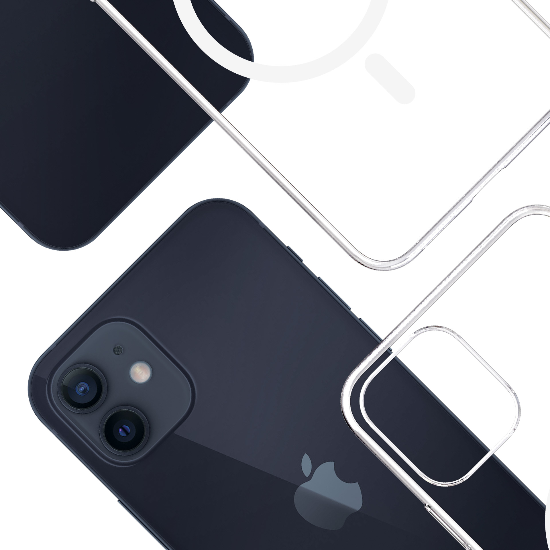 Ciemnoniebieski iPhone z przezroczystym etui na białym tle. Widoczne logo Apple. Ogniskowanie na obiektywach aparatu telefonu.