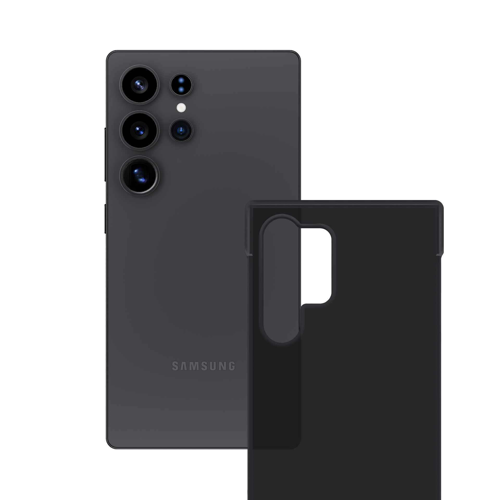 Czarny smartfon z wieloma aparatami, obok etui. Tło jest białe.