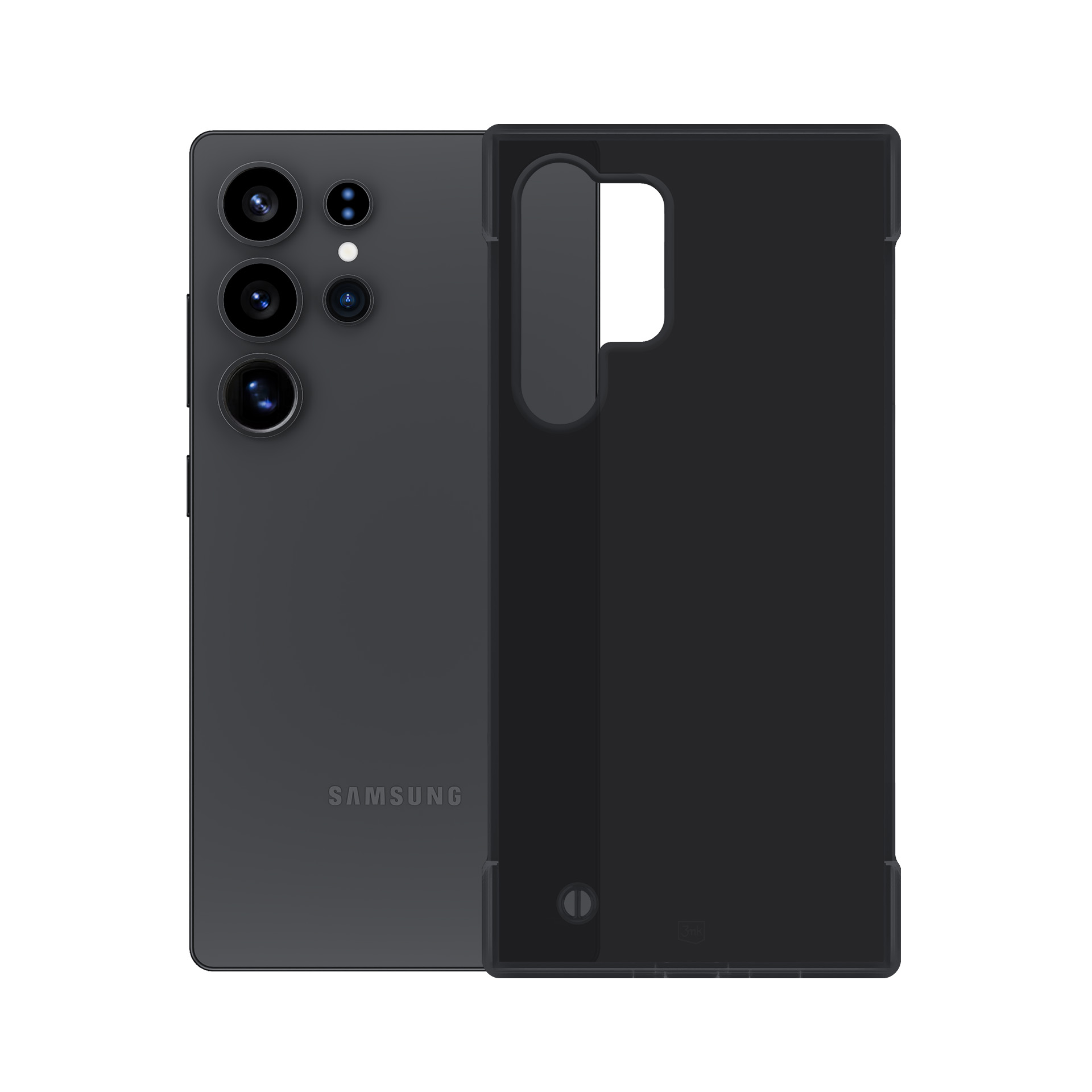 Ciemnoszary telefon Samsung z czarnym etui. Cztery obiektywy z tyłu. Etui jest otwarte.