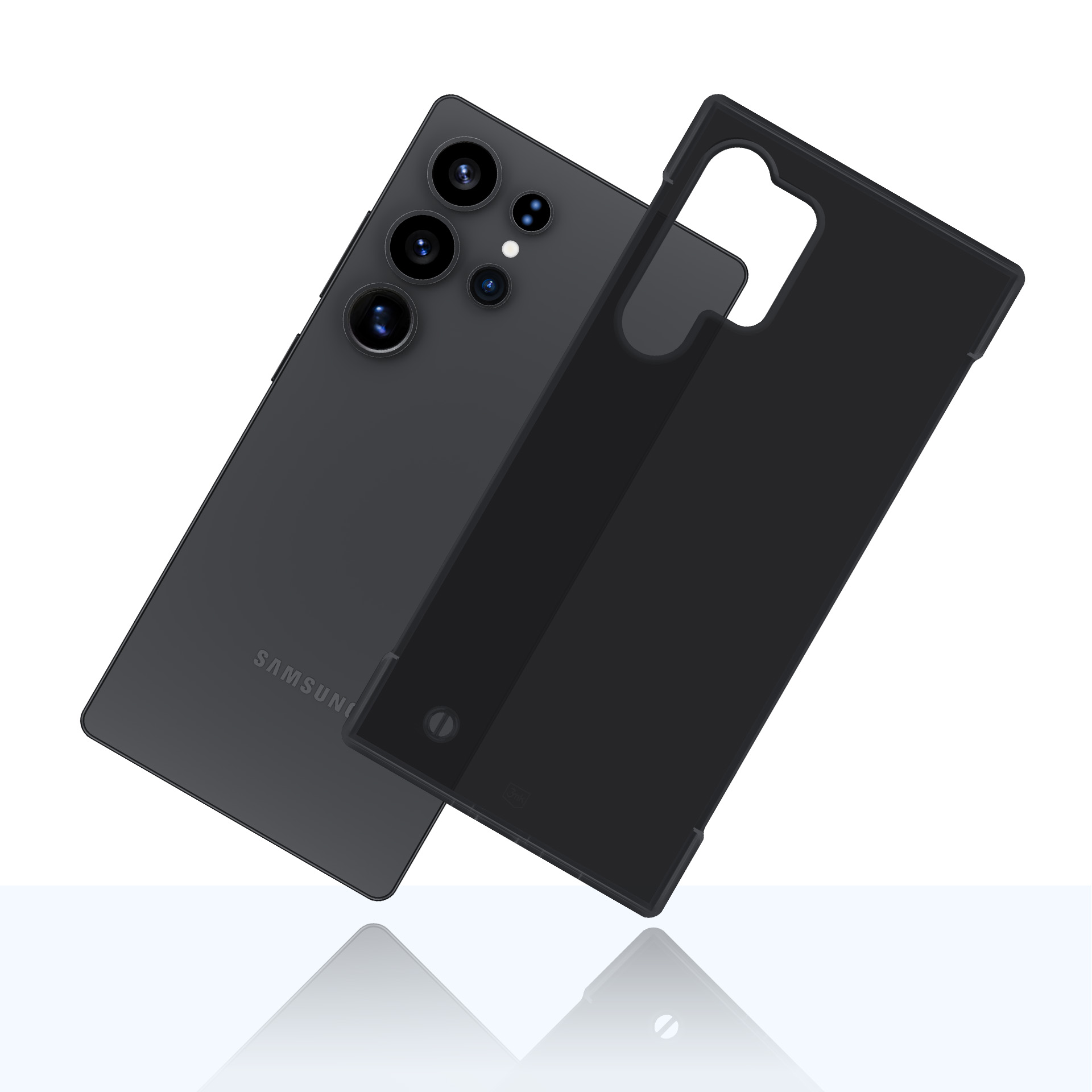 Ciemnoszary telefon Samsung i czarne etui wyświetlane pod kątem, z białym tłem i odbiciem.