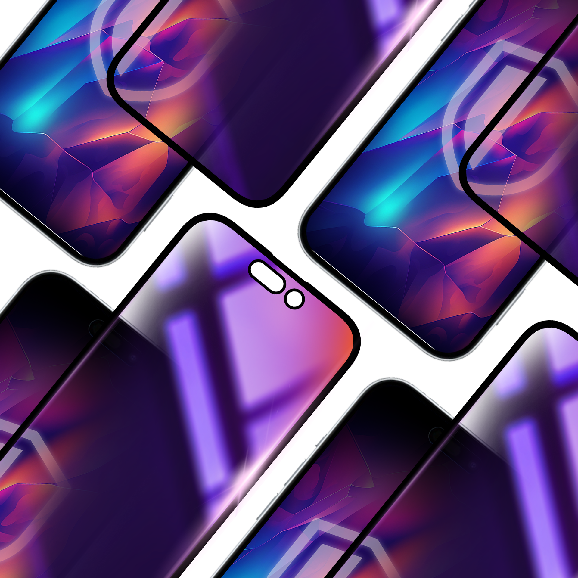 Kilka smartfonów z abstrakcyjnymi, kolorowymi tłami na białej powierzchni, tworzących powtarzalny wzór.