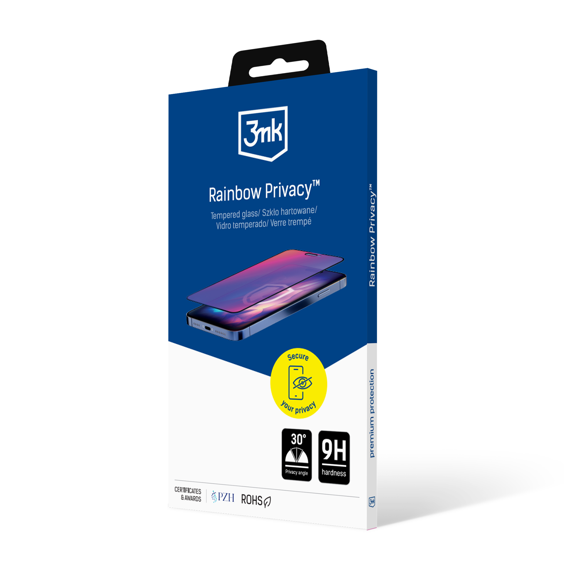Pudełko na ochronę ekranu telefonu. Niebieskie pudełko z obrazem telefonu i tekstem 'Rainbow Privacy'. Zawiera ikony i logo marki.