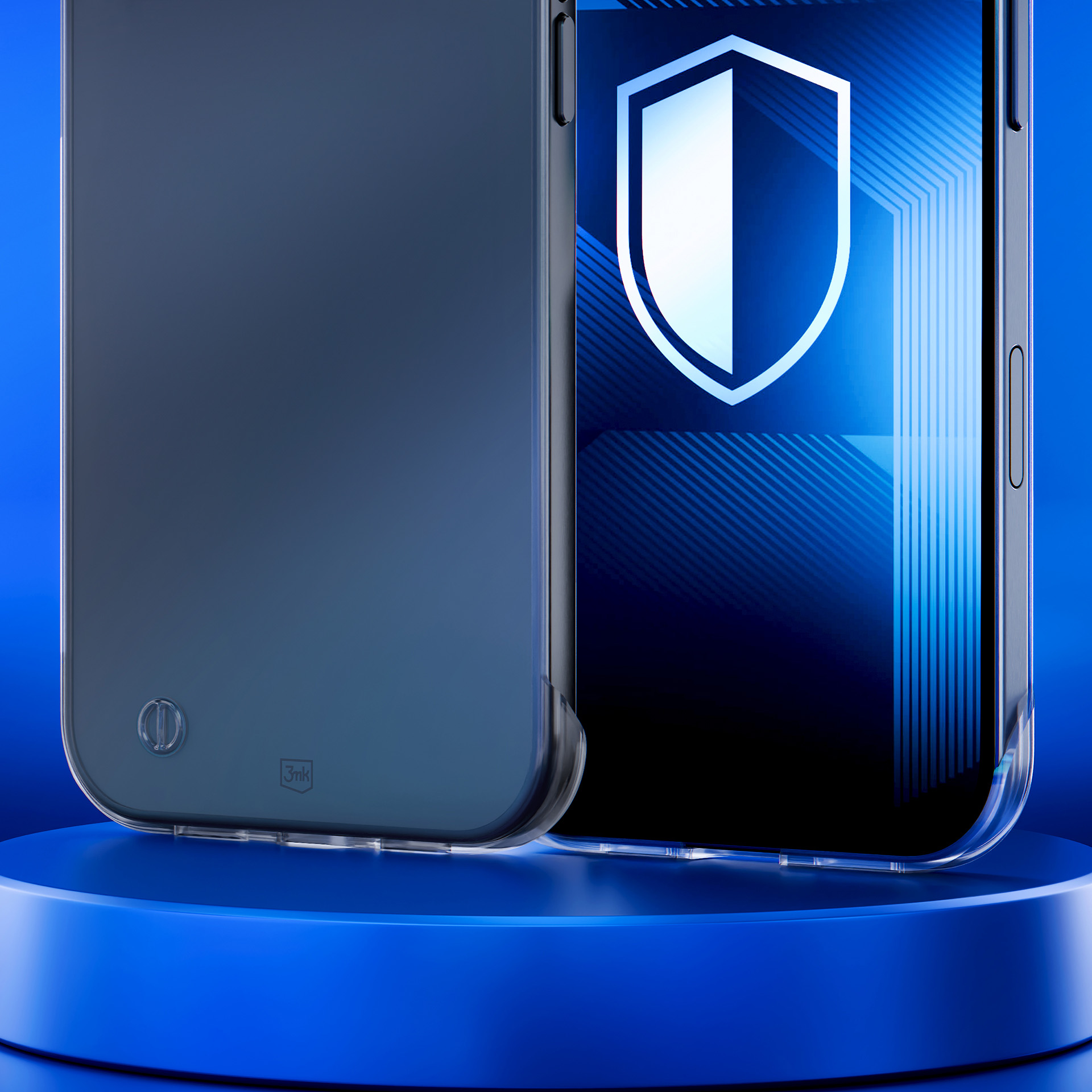 Etui na telefon jest wyświetlane na niebieskim cokole. Ekran telefonu pokazuje białą tarczę. Tło jest niebieskie.