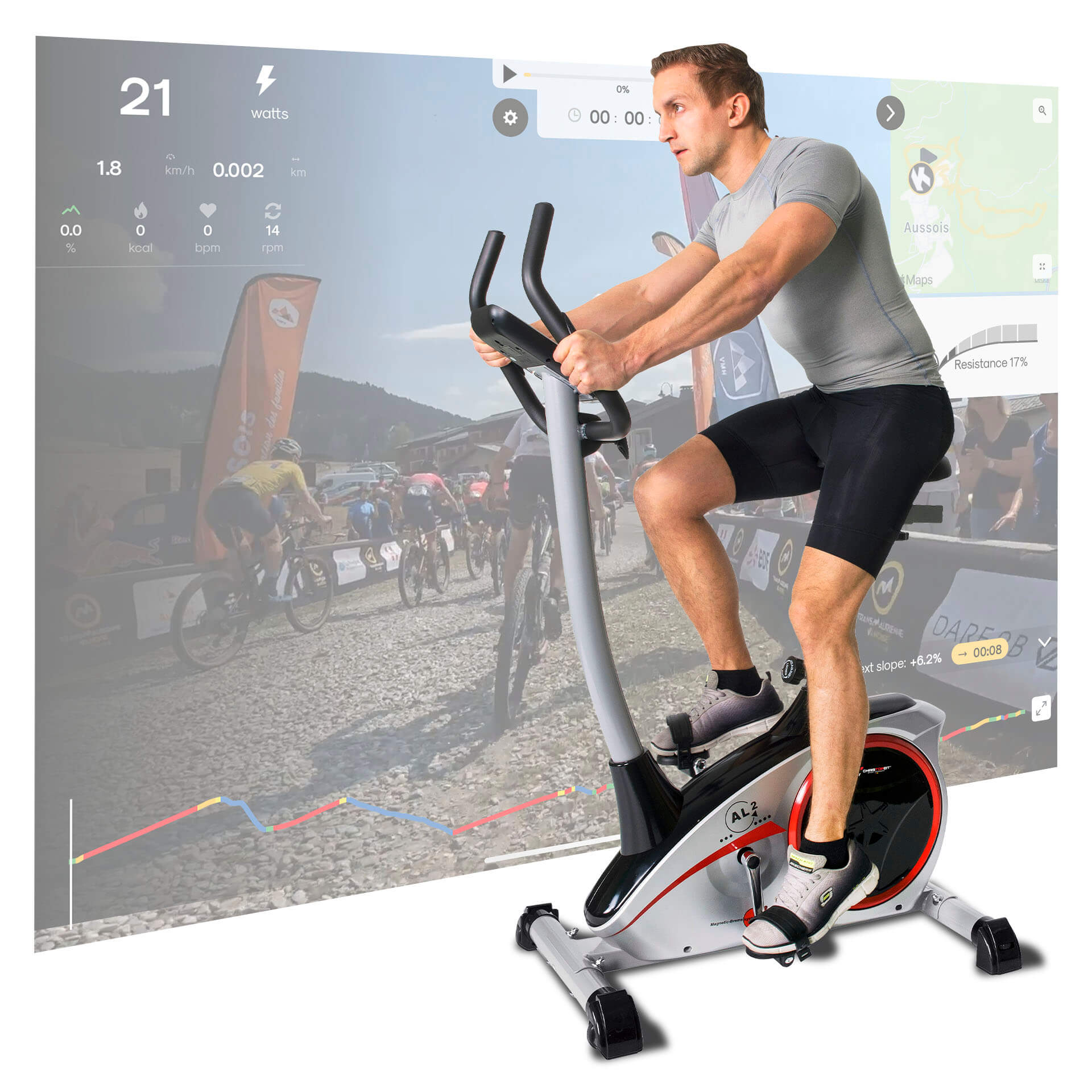 Mann auf einem Heimtrainer mit Bildschirm, der Daten und ein Radrennen im Hintergrund zeigt.
