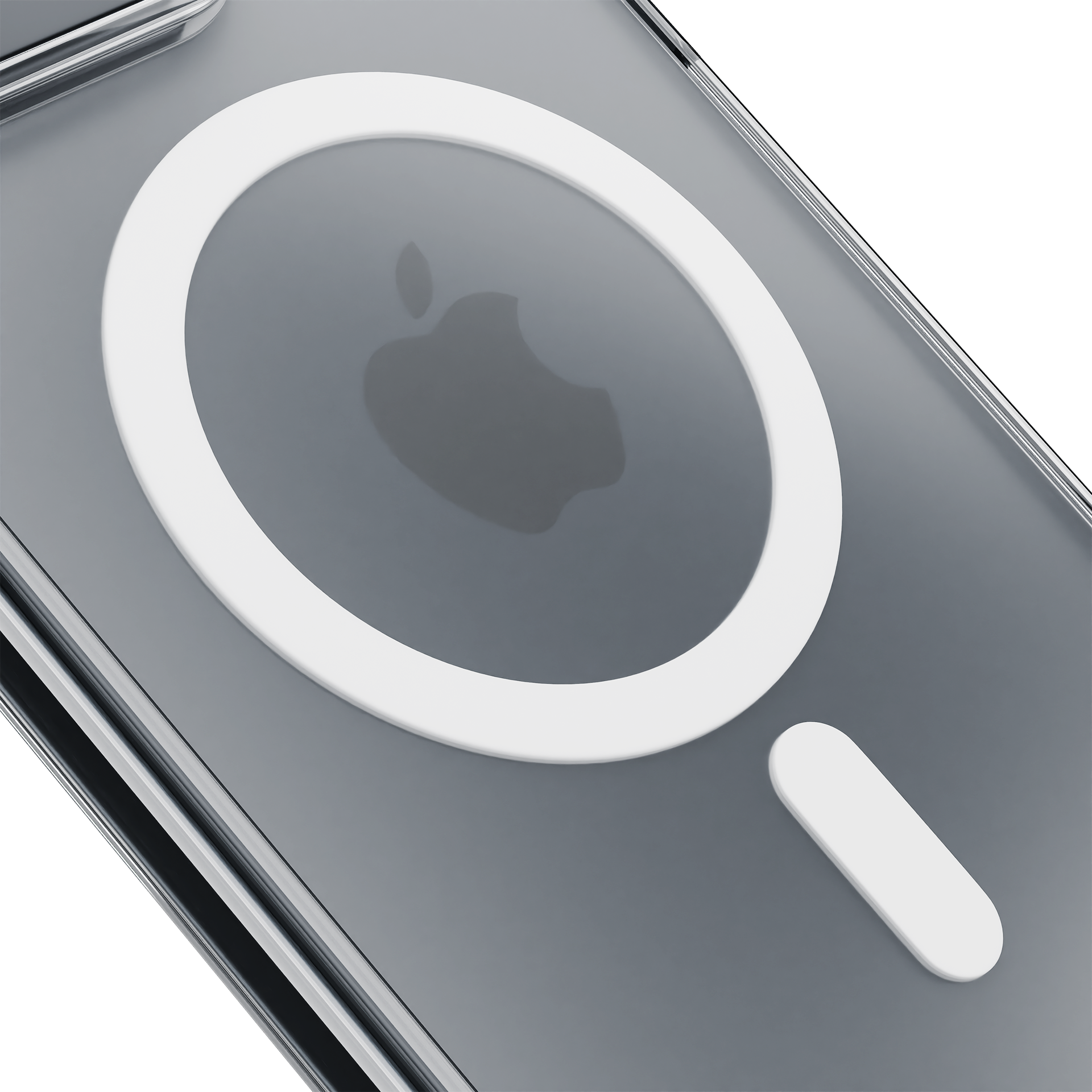 Przezroczyste etui na telefon z białym pierścieniem MagSafe i logo Apple. Poniżej pierścienia znajduje się biały, podłużny owal.