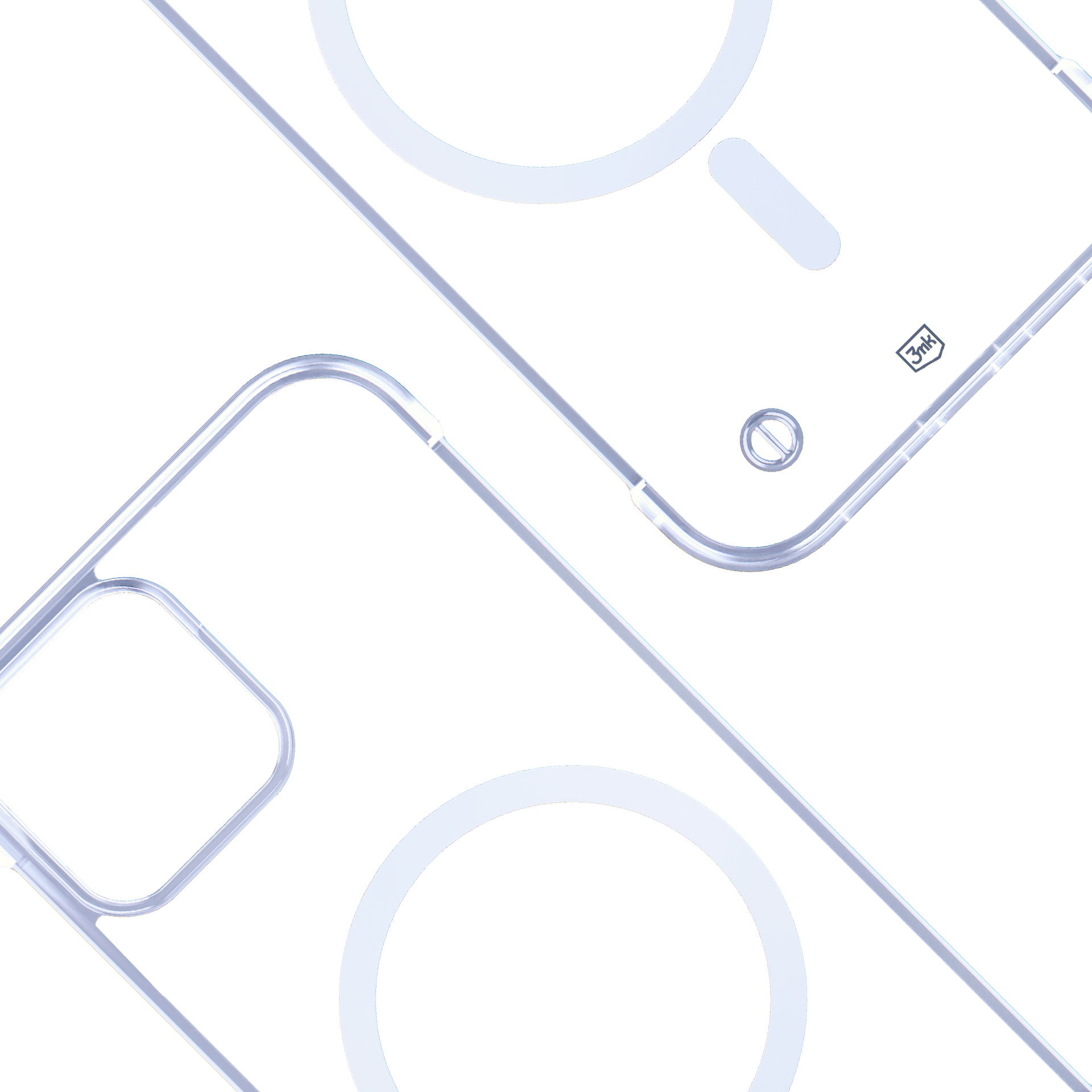 Przezroczyste etui na telefon na białym tle. Zawiera okrągły wzór, prostokątne kształty i logo.