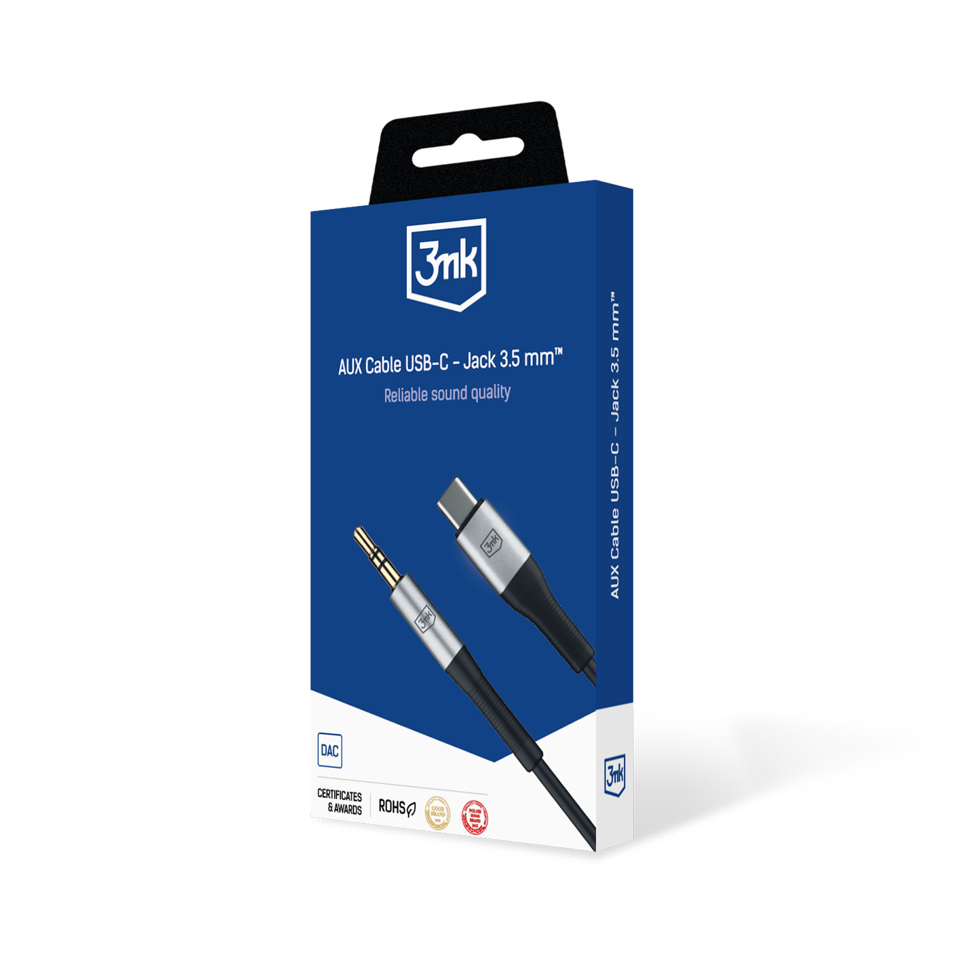 Pudełko produktu przedstawia kabel AUX. Pudełko jest niebieskie z białym tekstem i obrazem kabla. Kabel ma wtyczki USB-C i 3,5 mm.