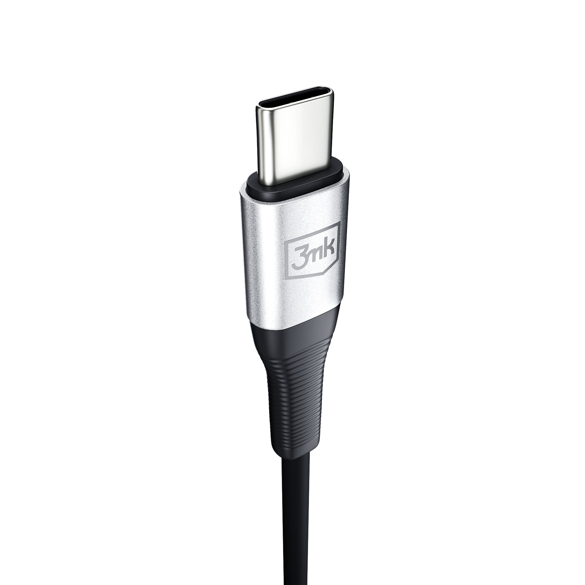 Zbliżenie srebrno-czarnego kabla USB-C. Kabel ma srebrną wtyczkę z marką 3mk.