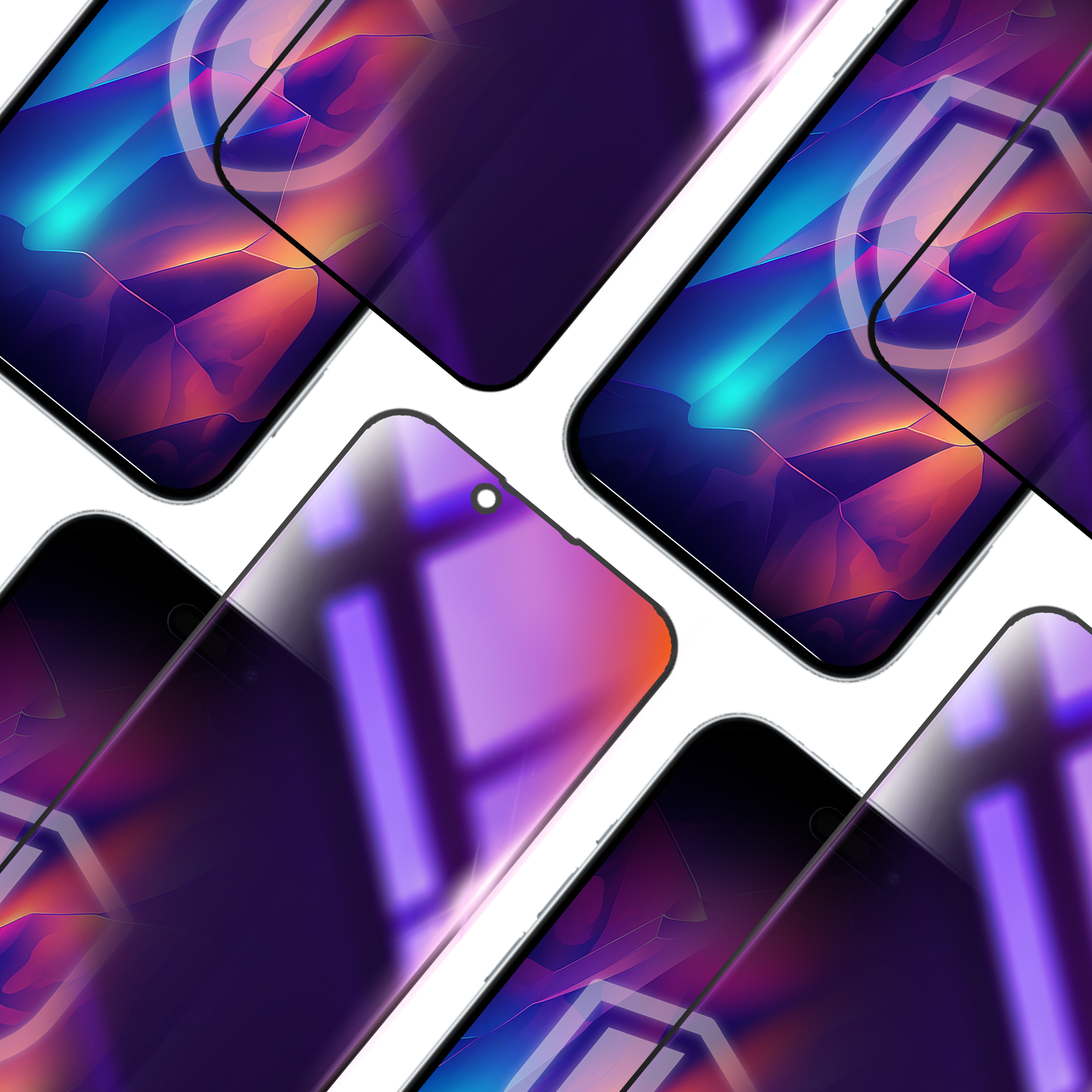 Diversi smartphone con sfondo colorato. I telefoni hanno un display sfumato con forme a scudo.