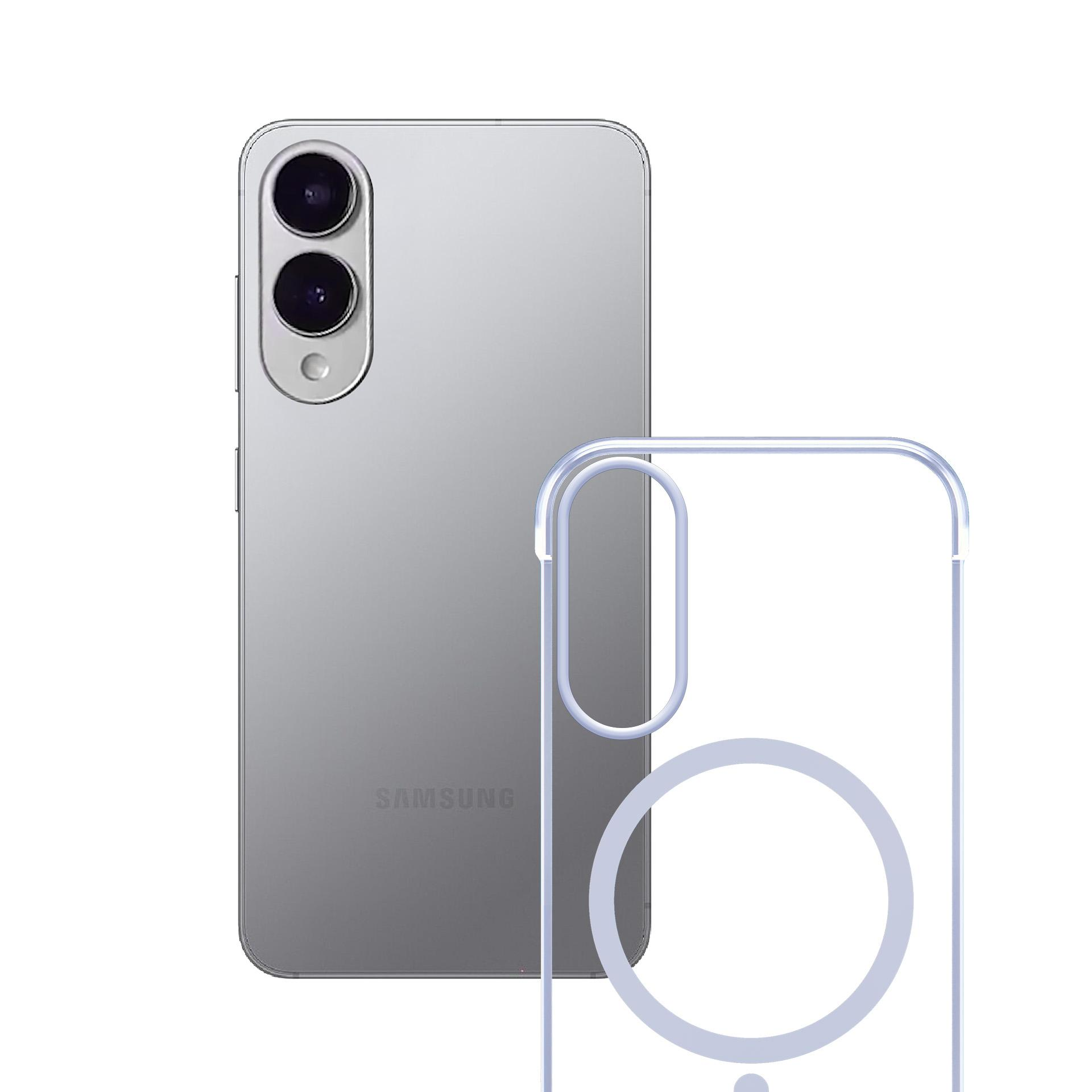 Szary telefon Samsung z przezroczystym etui. Telefon ma dwa aparaty i logo Samsung. Etui jest przezroczyste.