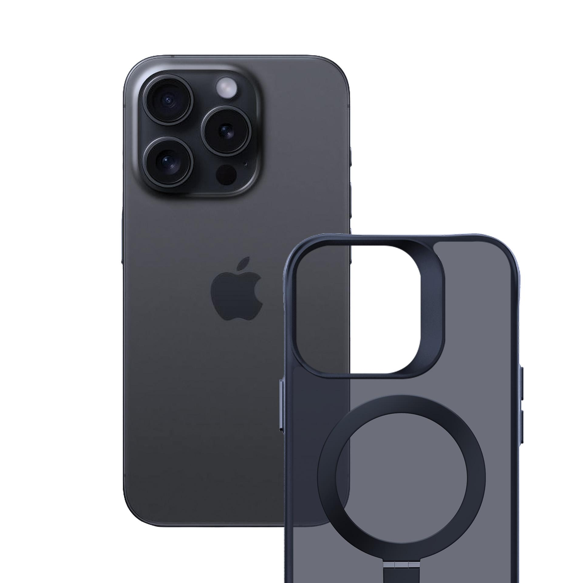 Ciemnoszary iPhone z etui ochronnym. Telefon ma wypukłość aparatu i logo Apple. Etui jest przezroczyste.