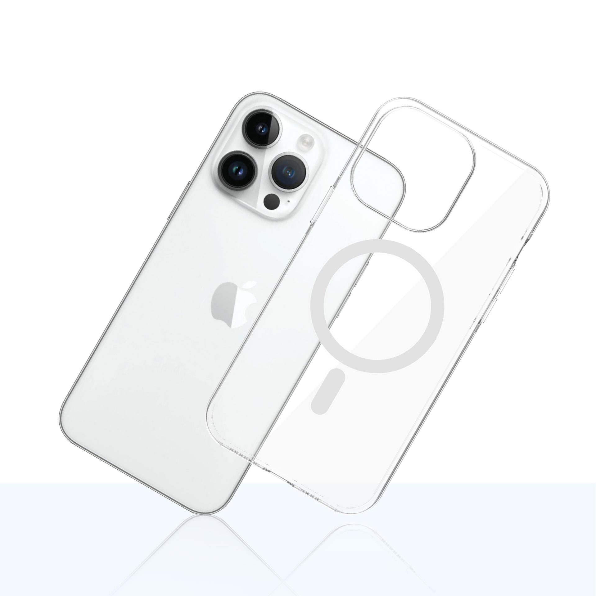 Biały iPhone z trzema aparatami i przezroczystym etui. Etui ma magnetyczny okrąg i jest lekko przesunięte.