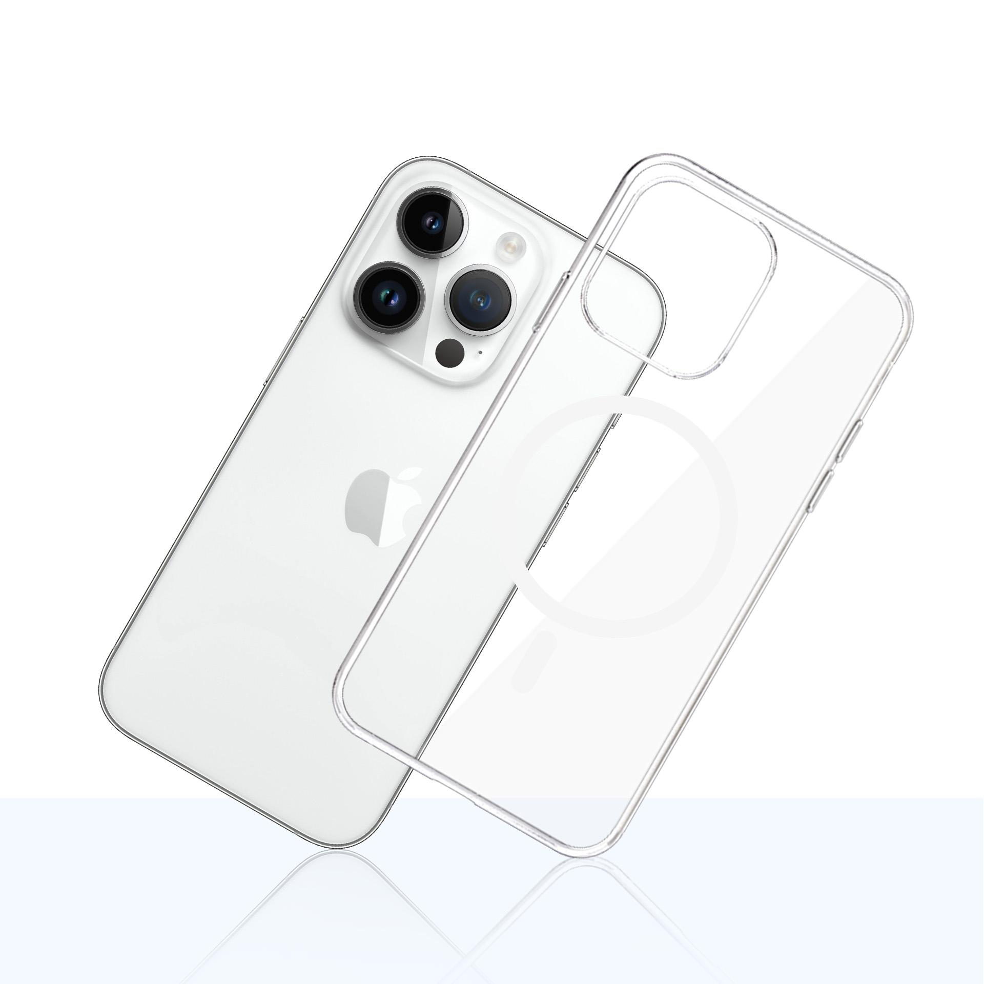 Un iPhone bianco con una custodia trasparente. Il telefono ha tre obiettivi. La custodia è di lato.
