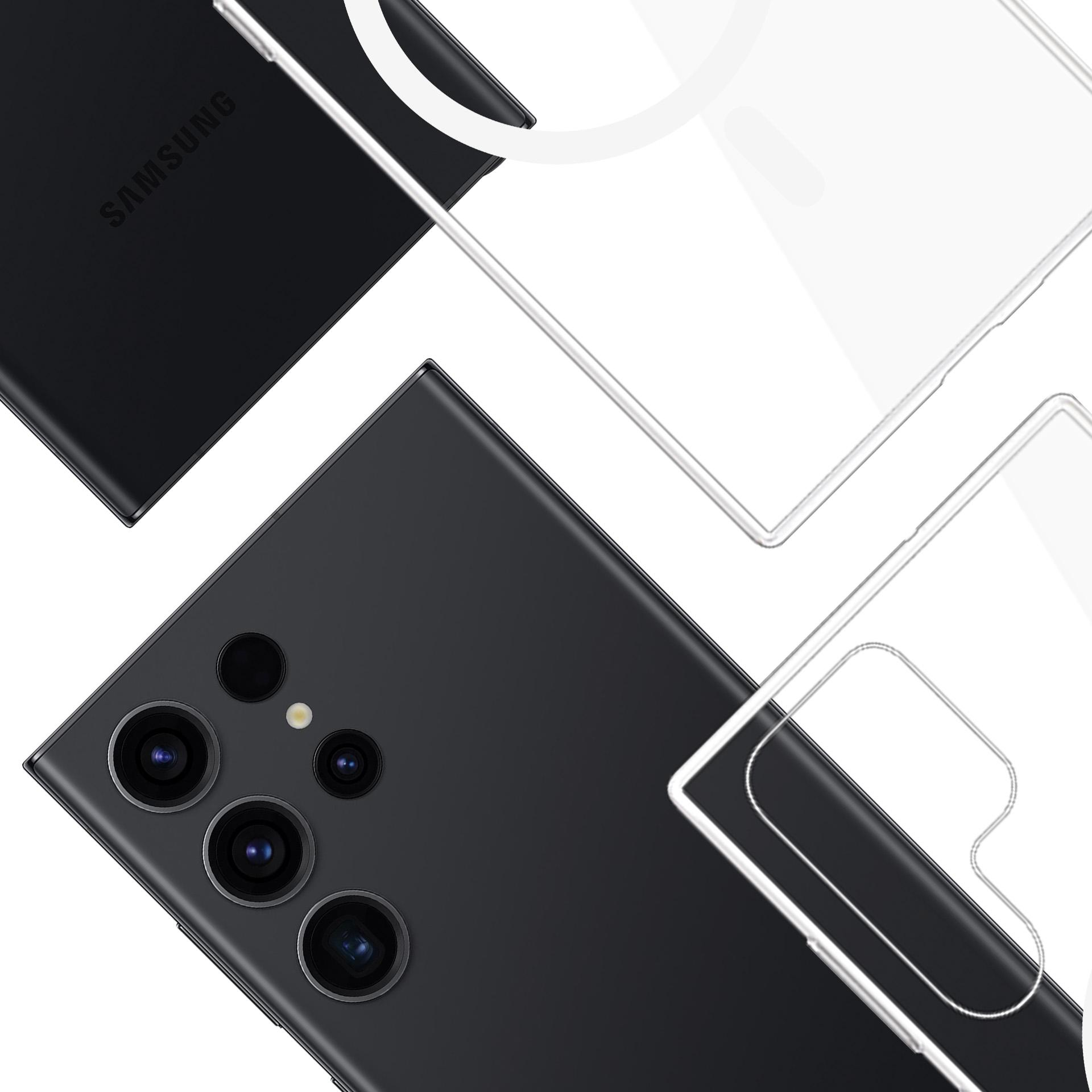 Primo piano di uno smartphone nero con più lenti e custodia trasparente.