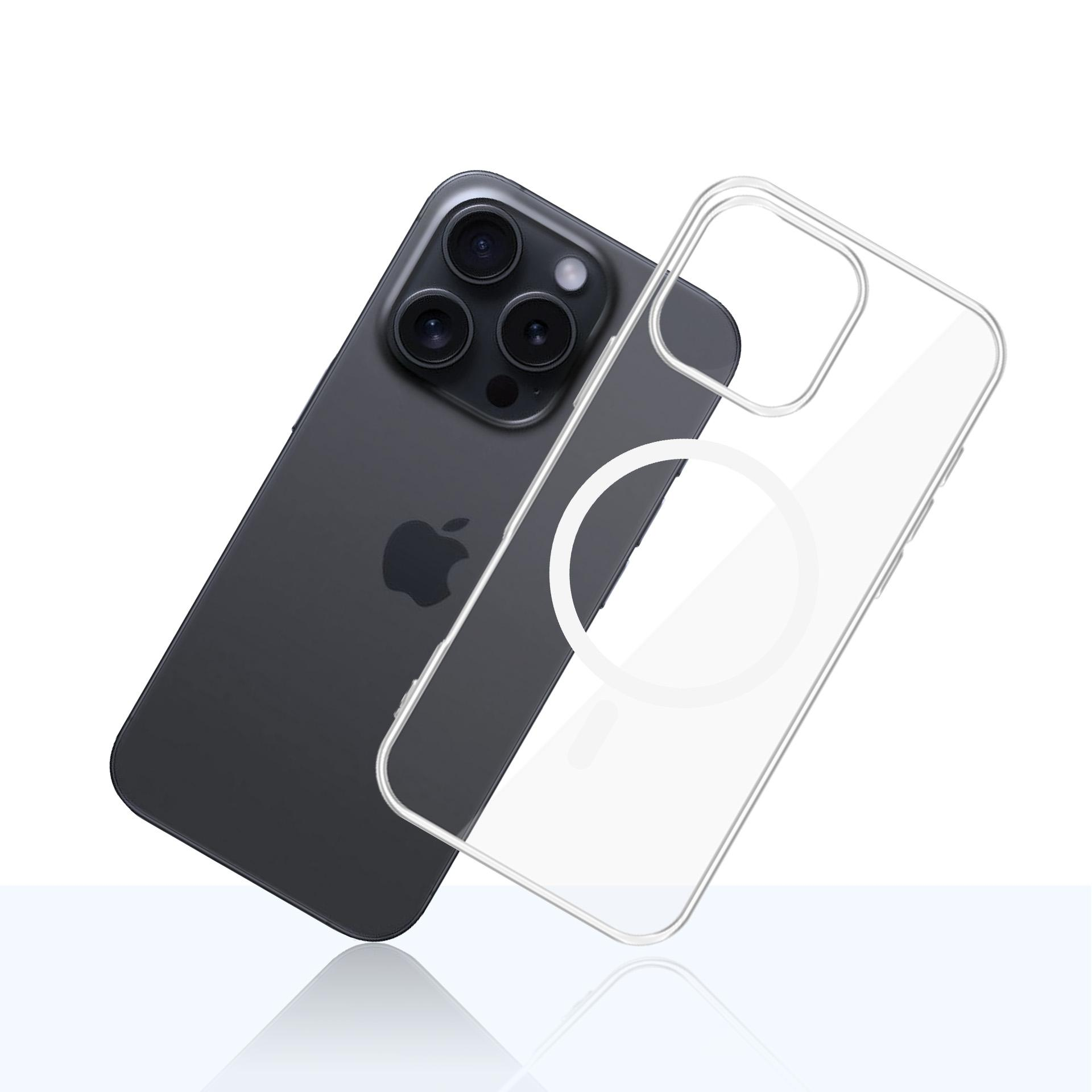 Un iPhone grigio scuro con una custodia trasparente. Il telefono ha tre obiettivi. La custodia è trasparente.
