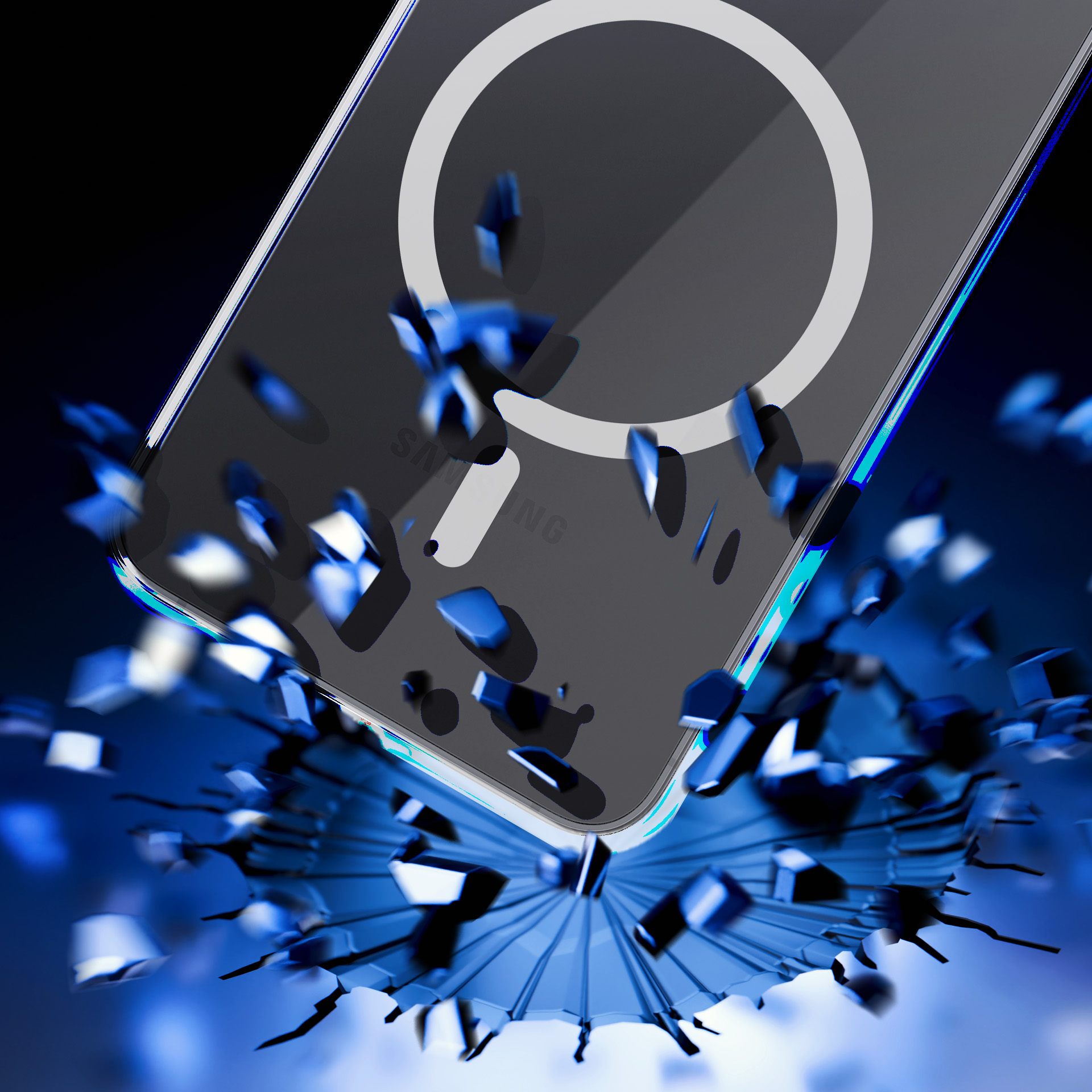 Etui na telefon rozpada się na niebieskie odłamki i biały pierścień. Słowo SAMSUNG jest widoczne na telefonie.