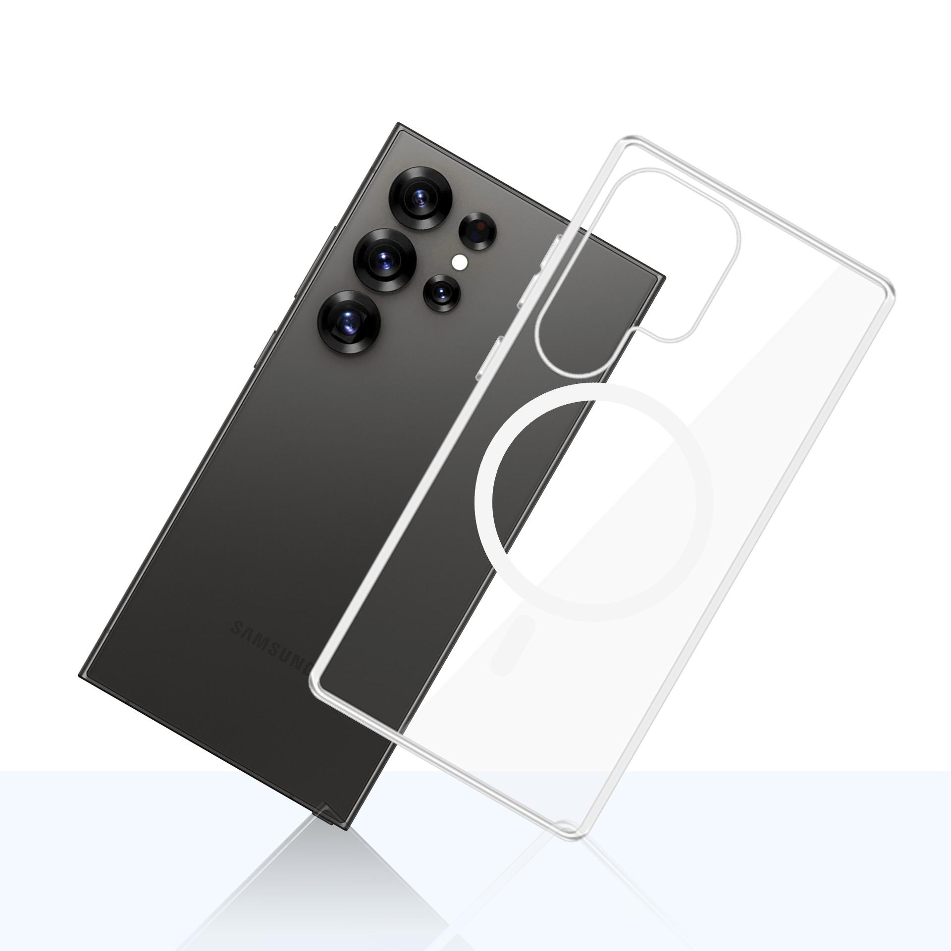Czarny telefon Samsung z przezroczystym etui. Telefon ma wiele kamer. Etui ma białe koło.