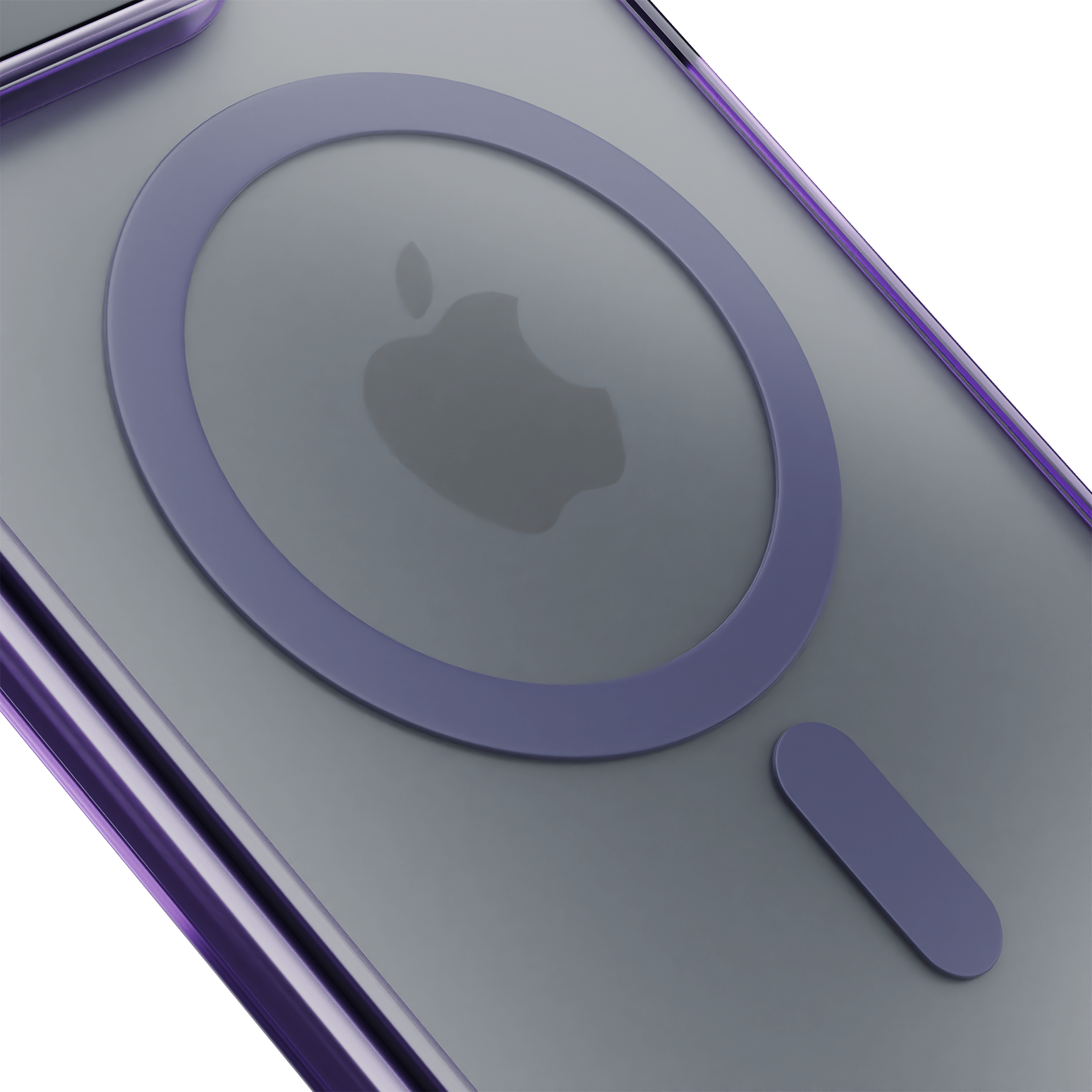 Zbliżenie etui na telefon. Ma fioletowy pierścień wokół logo Apple i prostokąt na dole.