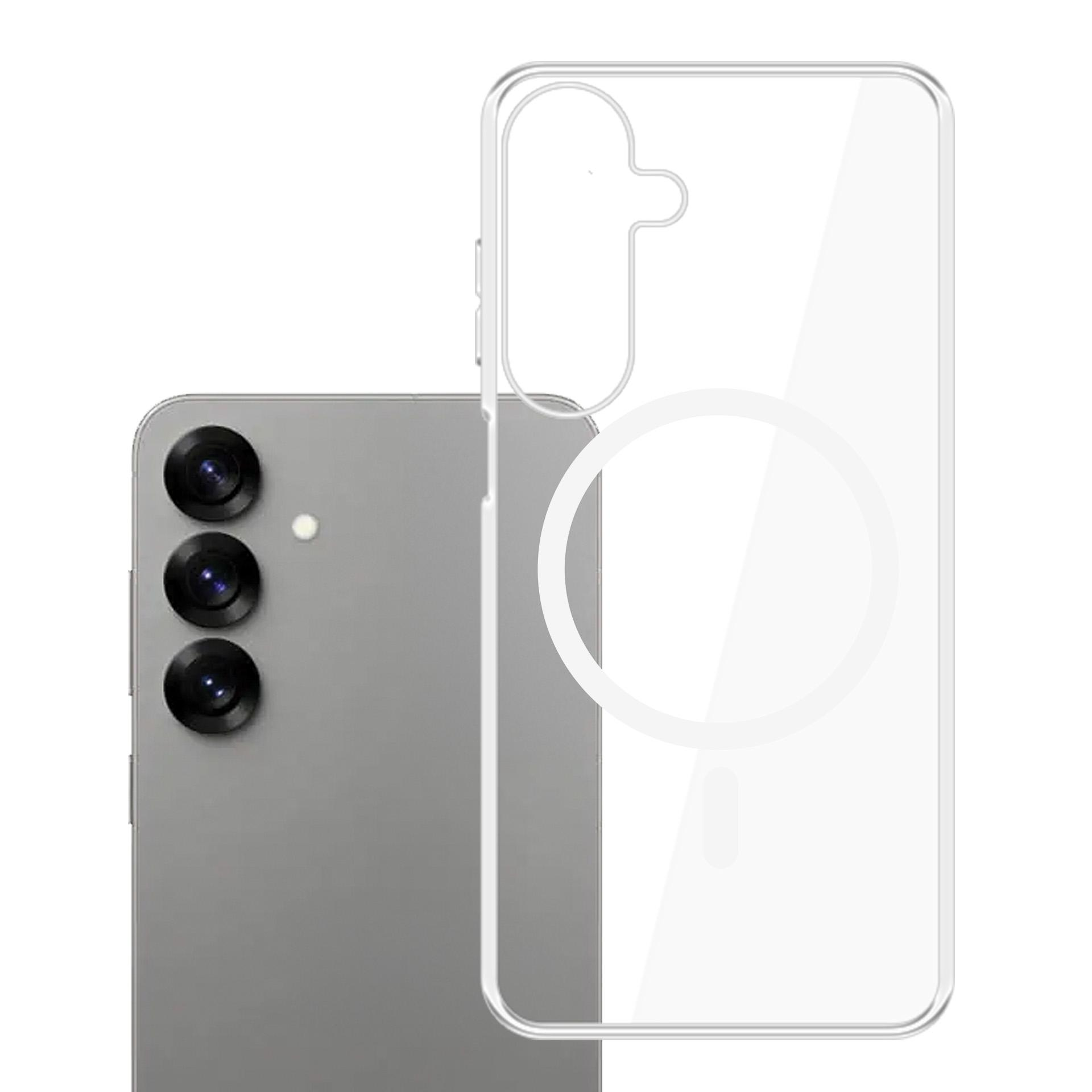 Szary telefon z przezroczystym etui. Widoczne trzy obiektywy aparatu. Etui ma okrągły wzór.
