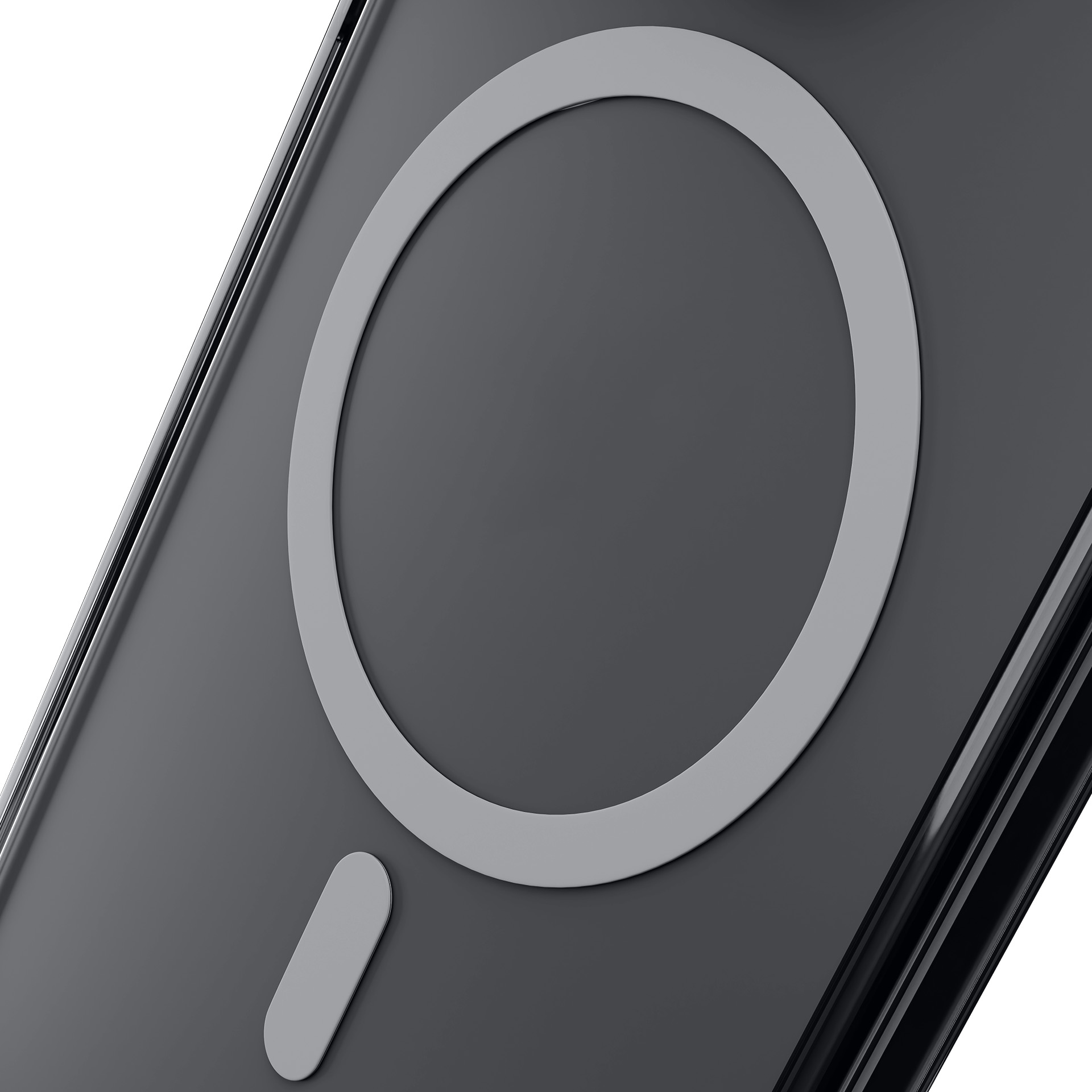 Zbliżenie czarnej ładowarki bezprzewodowej z szarym okrągłym obrysem i małym owalem. Białe tło.