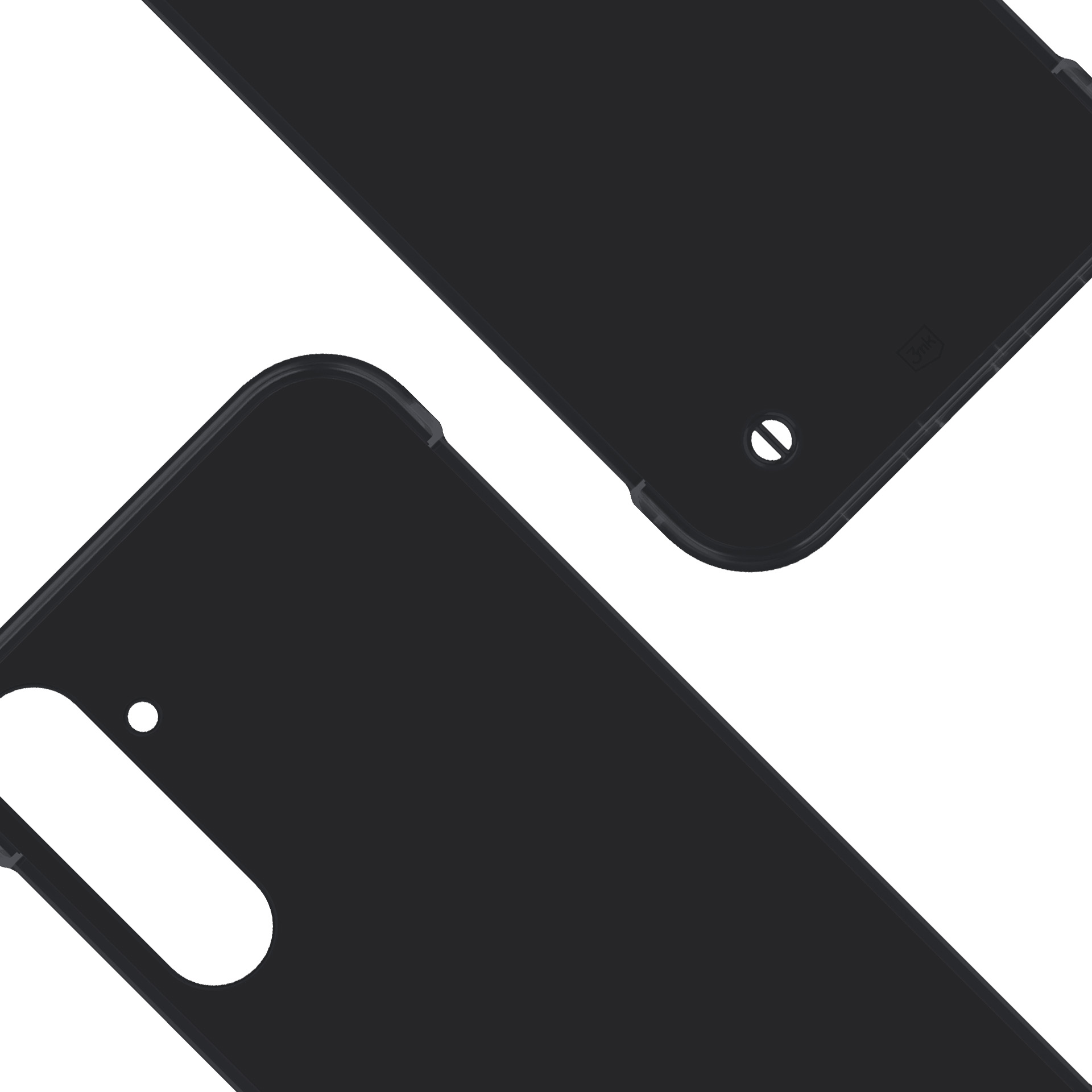 Dwie czarne obudowy telefonu na białym tle. Każda ma otwór na aparat i zaokrąglone krawędzie.