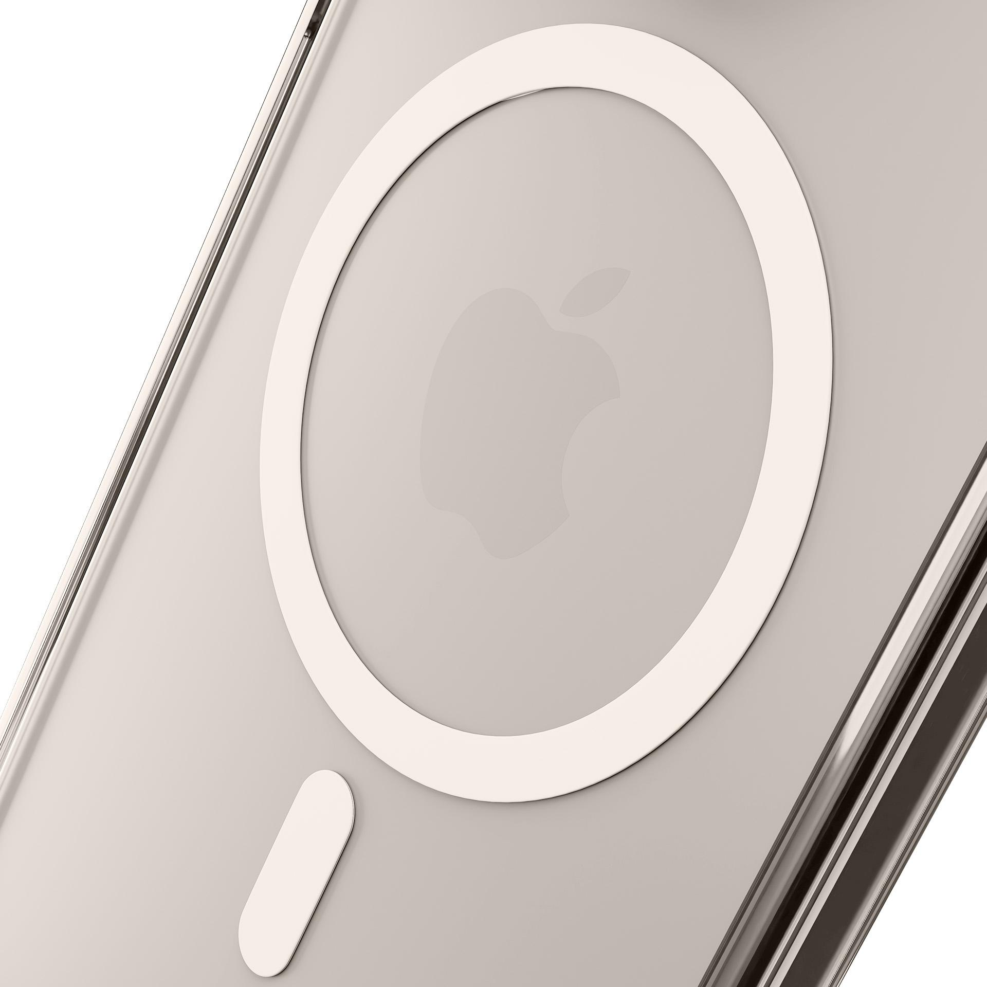 Una custodia trasparente con un anello bianco e una forma ovale allungata. Logo Apple visibile. Su una superficie beige.