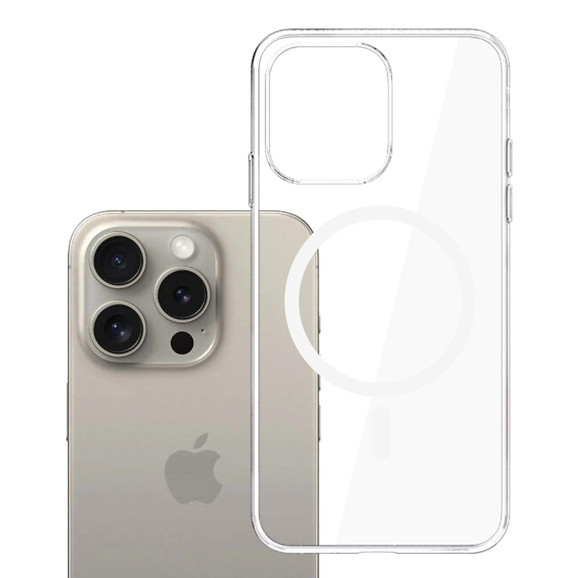 Un iPhone con custodia trasparente. Il telefono è argento con una fotocamera a tripla lente. La custodia è trasparente.