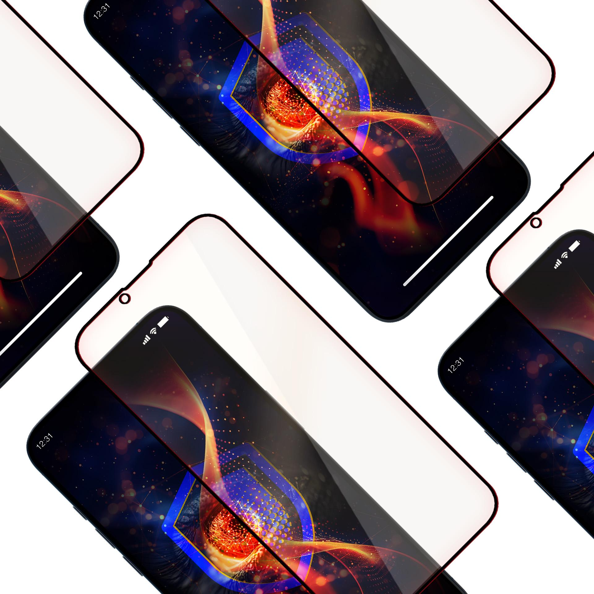 Più smartphone con protezioni schermo. Gli schermi mostrano un design astratto e colorato. Sfondo bianco.