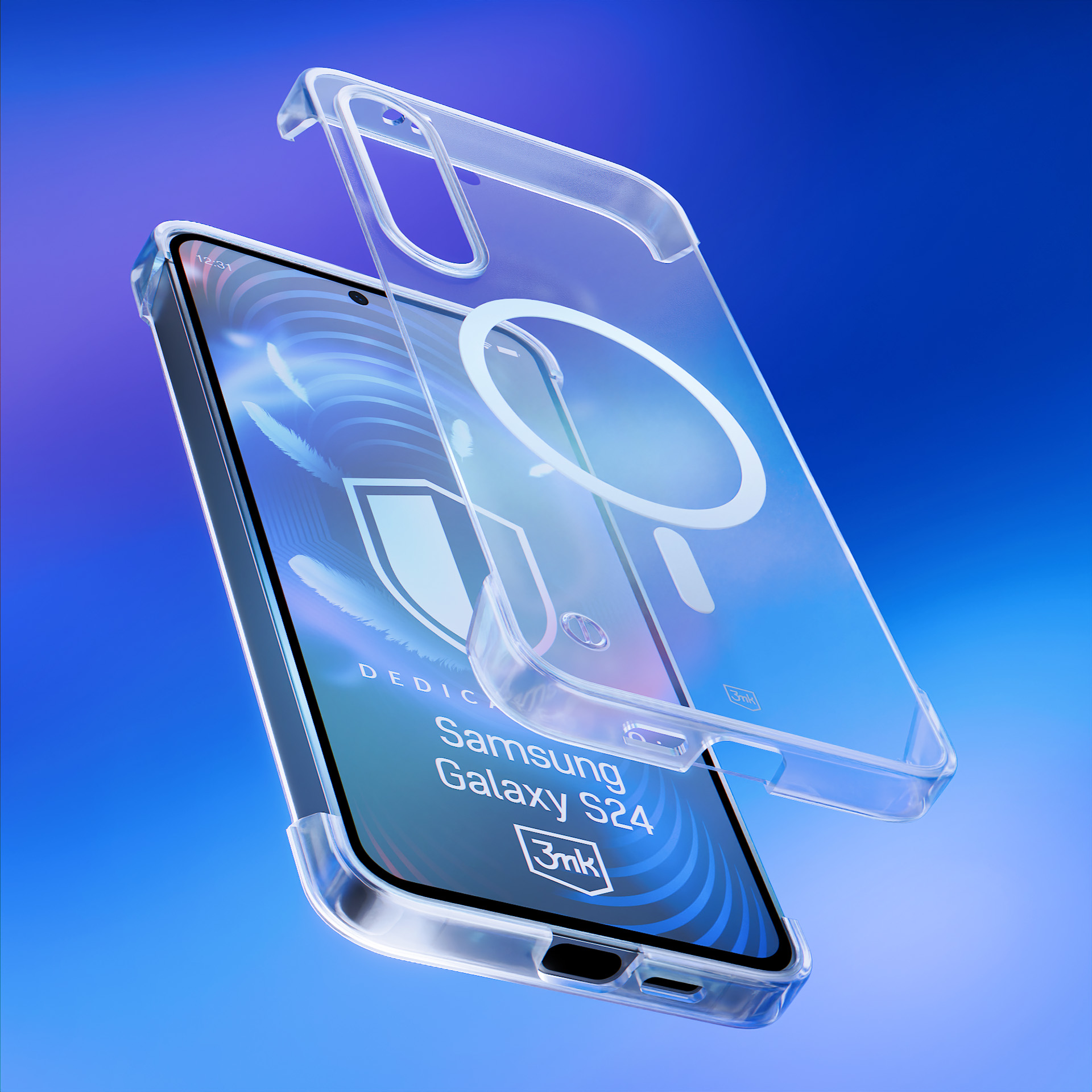 Pokazana jest przezroczysta obudowa telefonu dla Samsung Galaxy S24. Obudowa jest otwarta, a telefon jest wyświetlany na niebieskim tle.