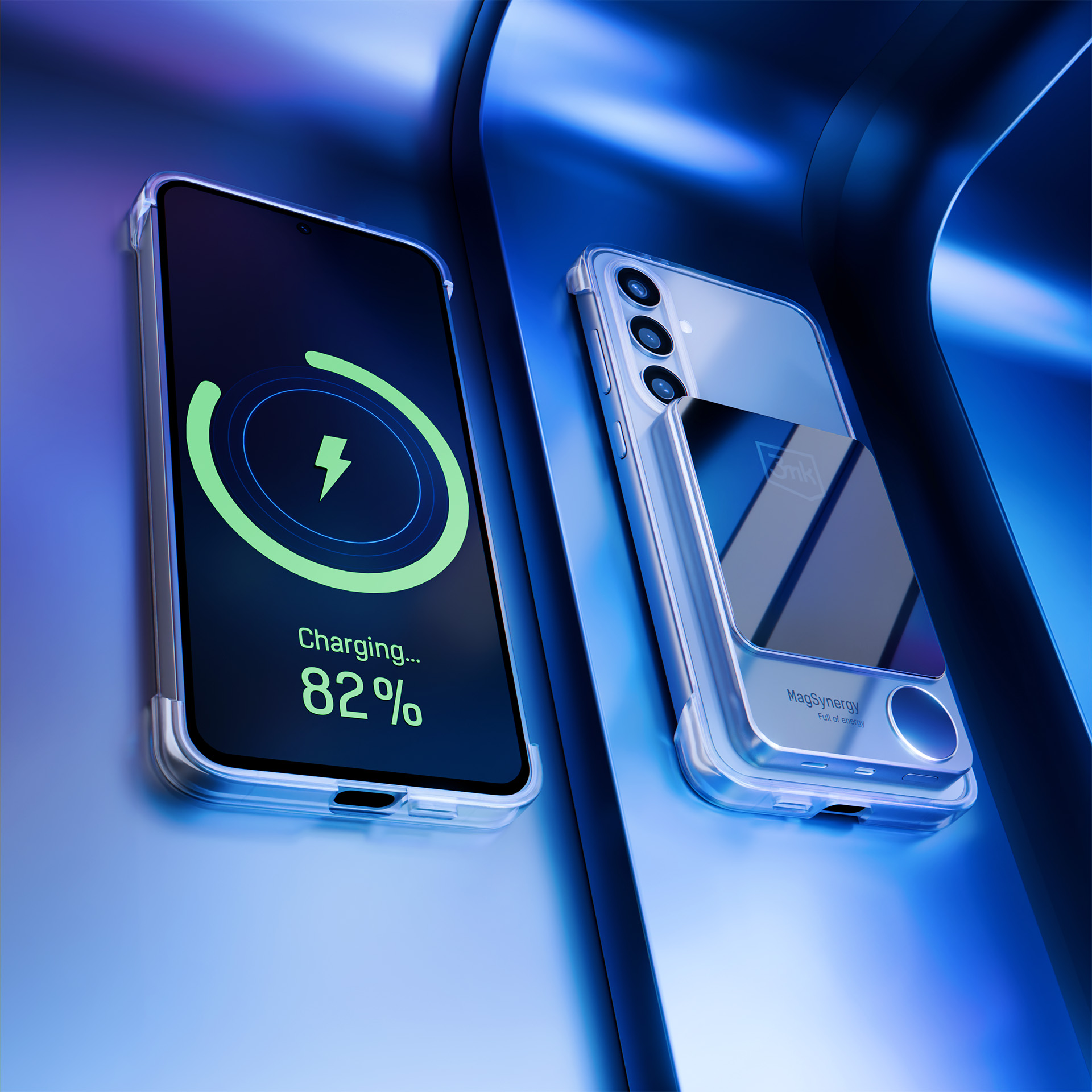 Dwa telefony w etui, w trakcie ładowania. Jeden pokazuje 82% naładowania. Niebieskie tło, nowoczesna estetyka.