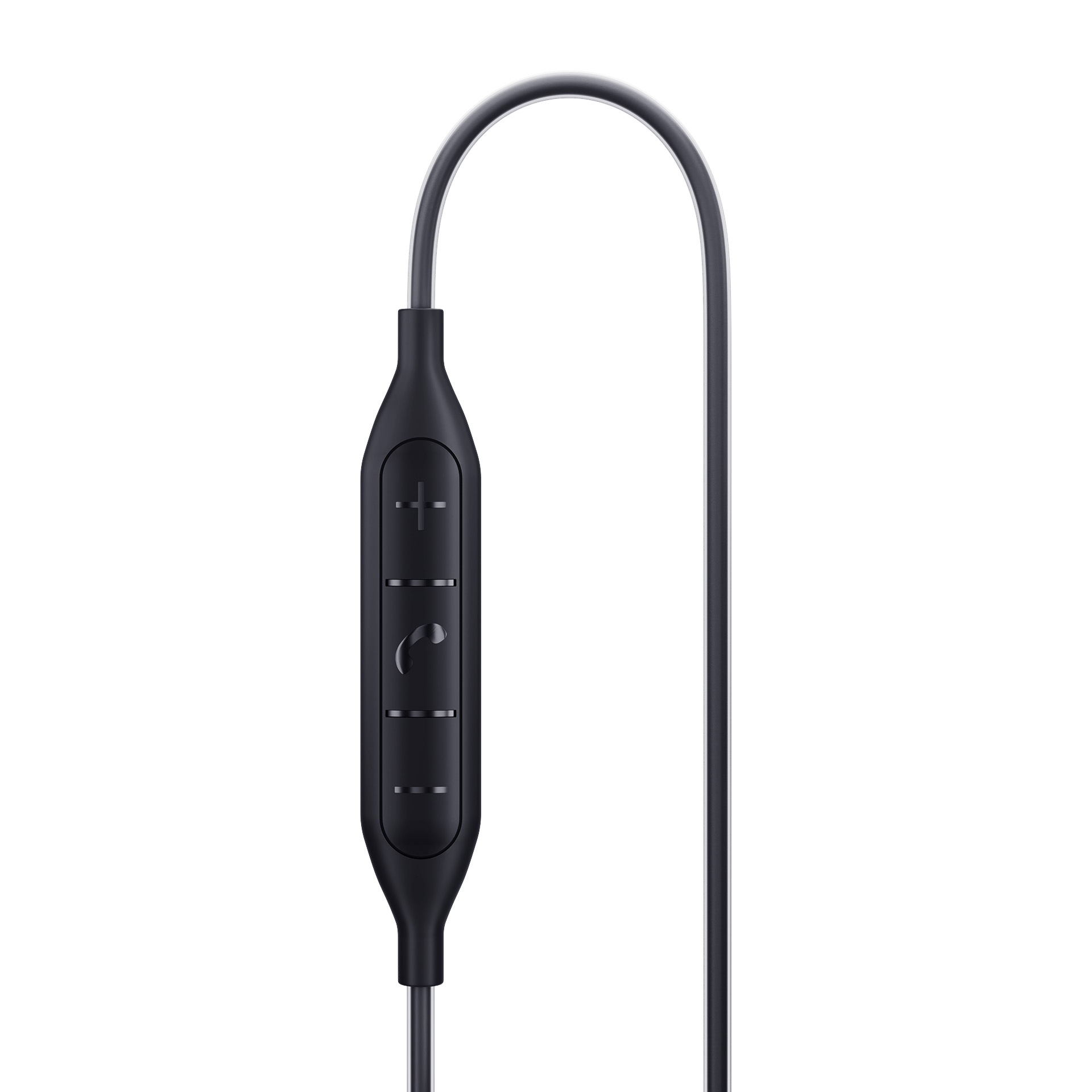 Cuffie in-ear nere con telecomando in linea. Il telecomando ha i pulsanti del volume e delle chiamate. Un cavo argentato si incurva verso l'alto.