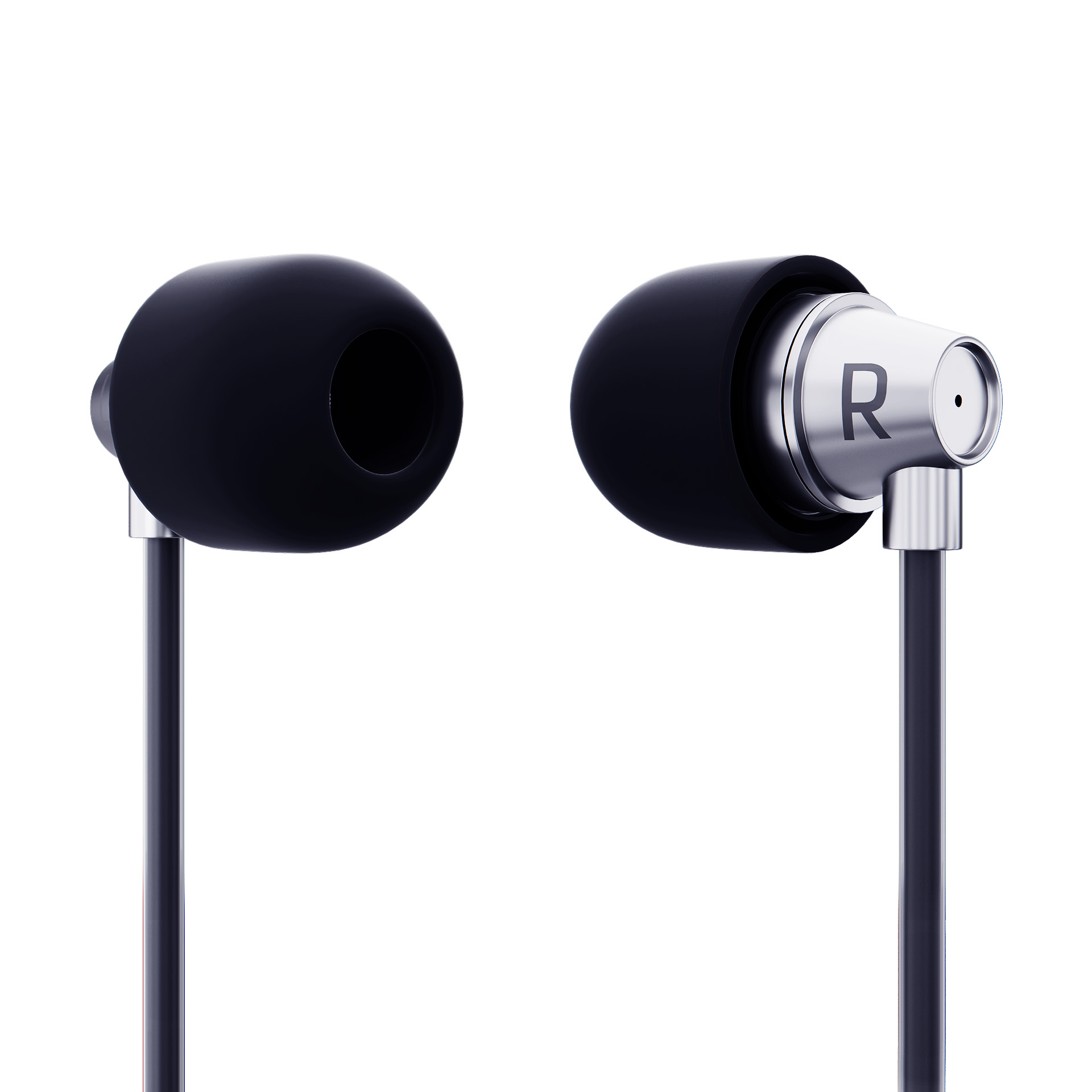 Due auricolari neri con dettagli argentati isolati su sfondo bianco. L'auricolare destro ha una 'R'.