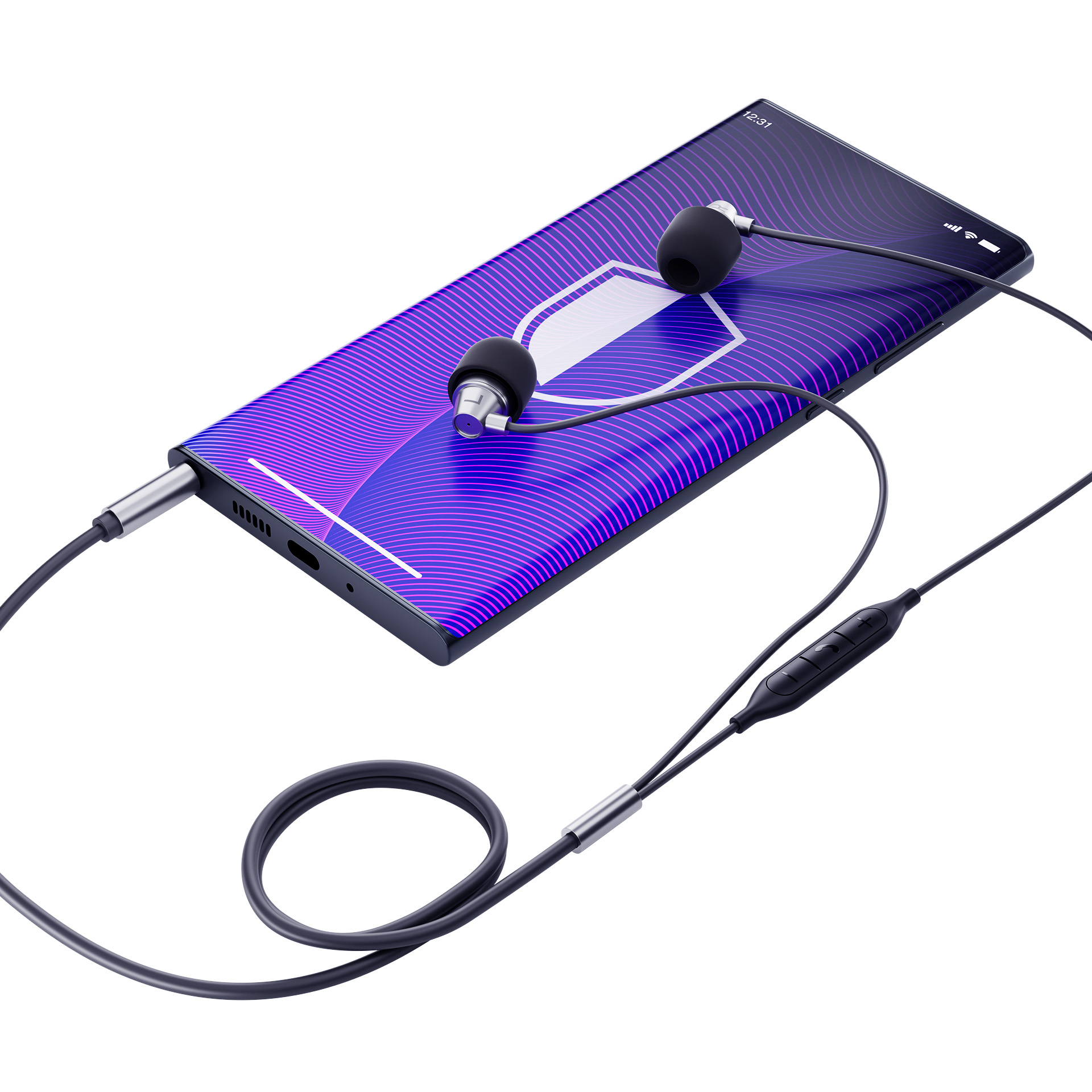 Uno smartphone con auricolari cablati. Il telefono ha uno schermo viola e blu e gli auricolari sono neri.