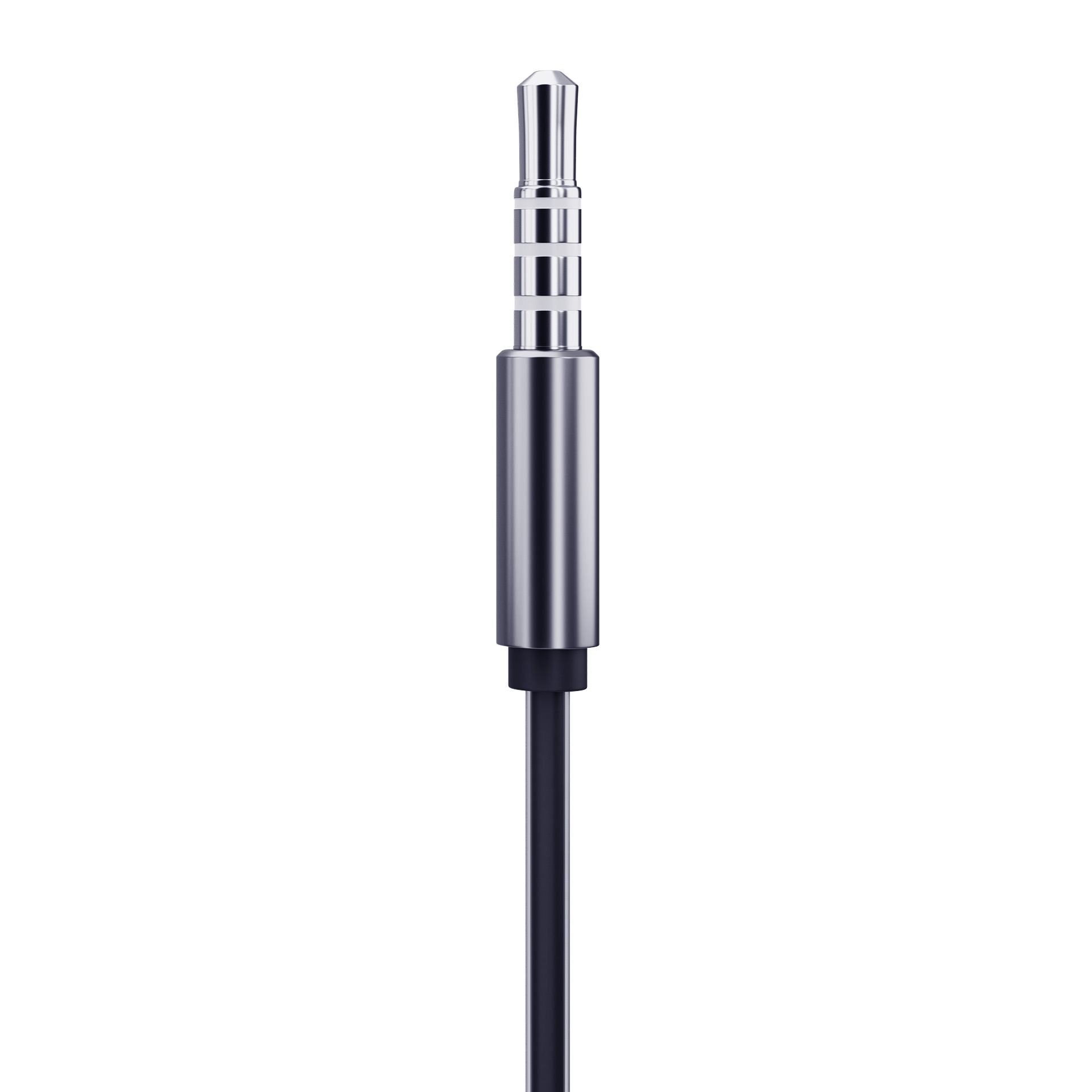Primo piano di un jack audio argentato con cavo nero su sfondo bianco.