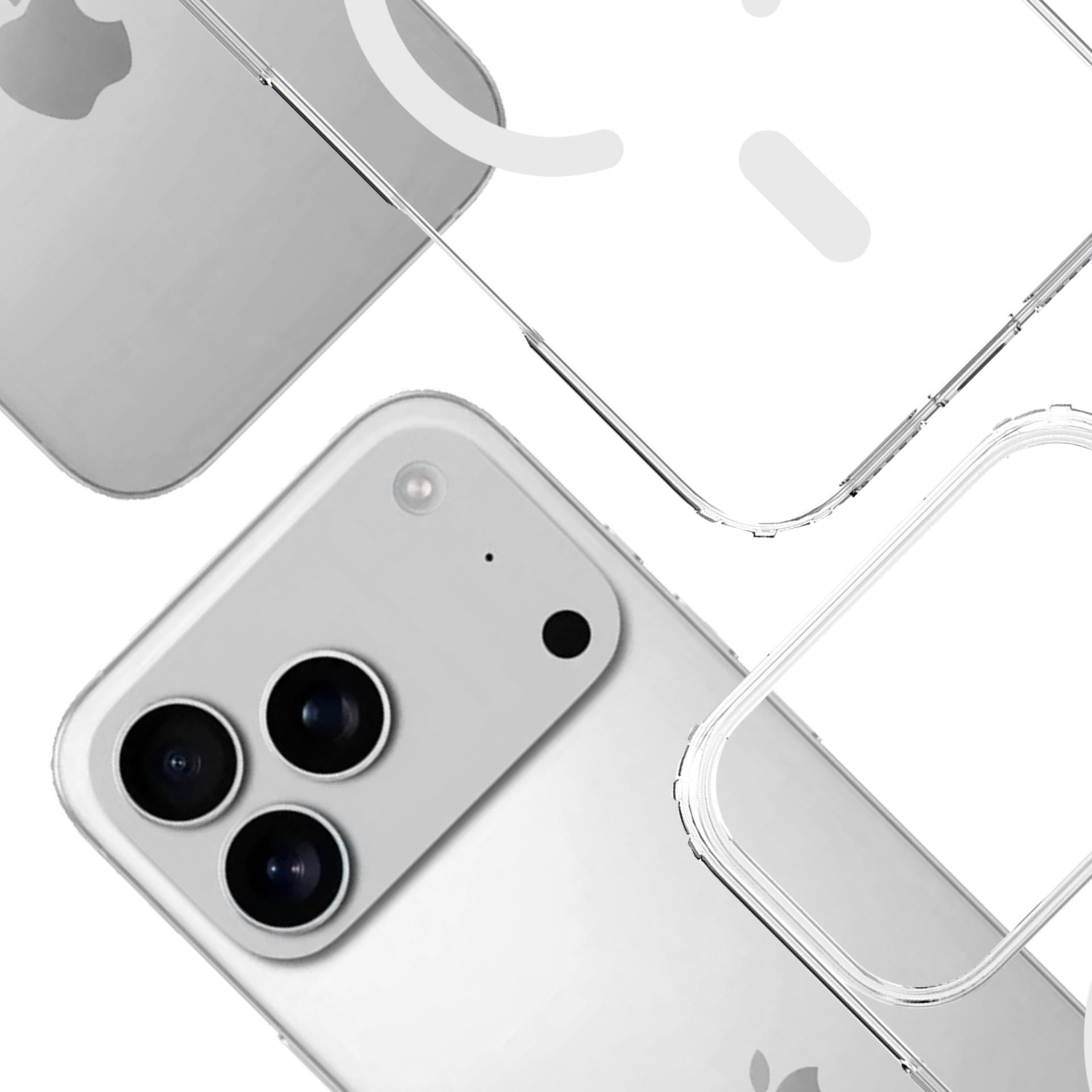 Zbliżenie srebrnego telefonu z trzema obiektywami. Przezroczyste etui zakrywa telefon. Białe tło.