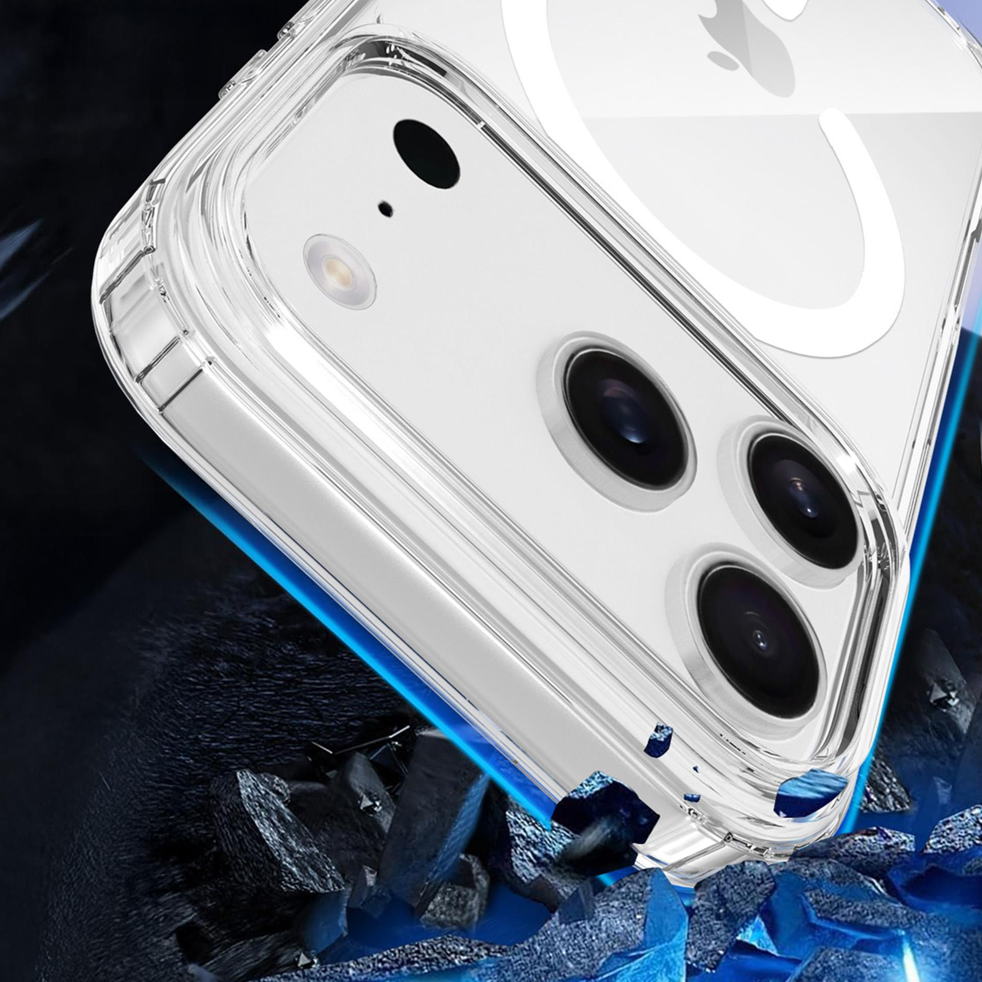 Przezroczyste etui na telefonie białym, z obiektywami aparatu. Ciemnoniebieskie i czarne skaliste tło z niebieskim światłem.