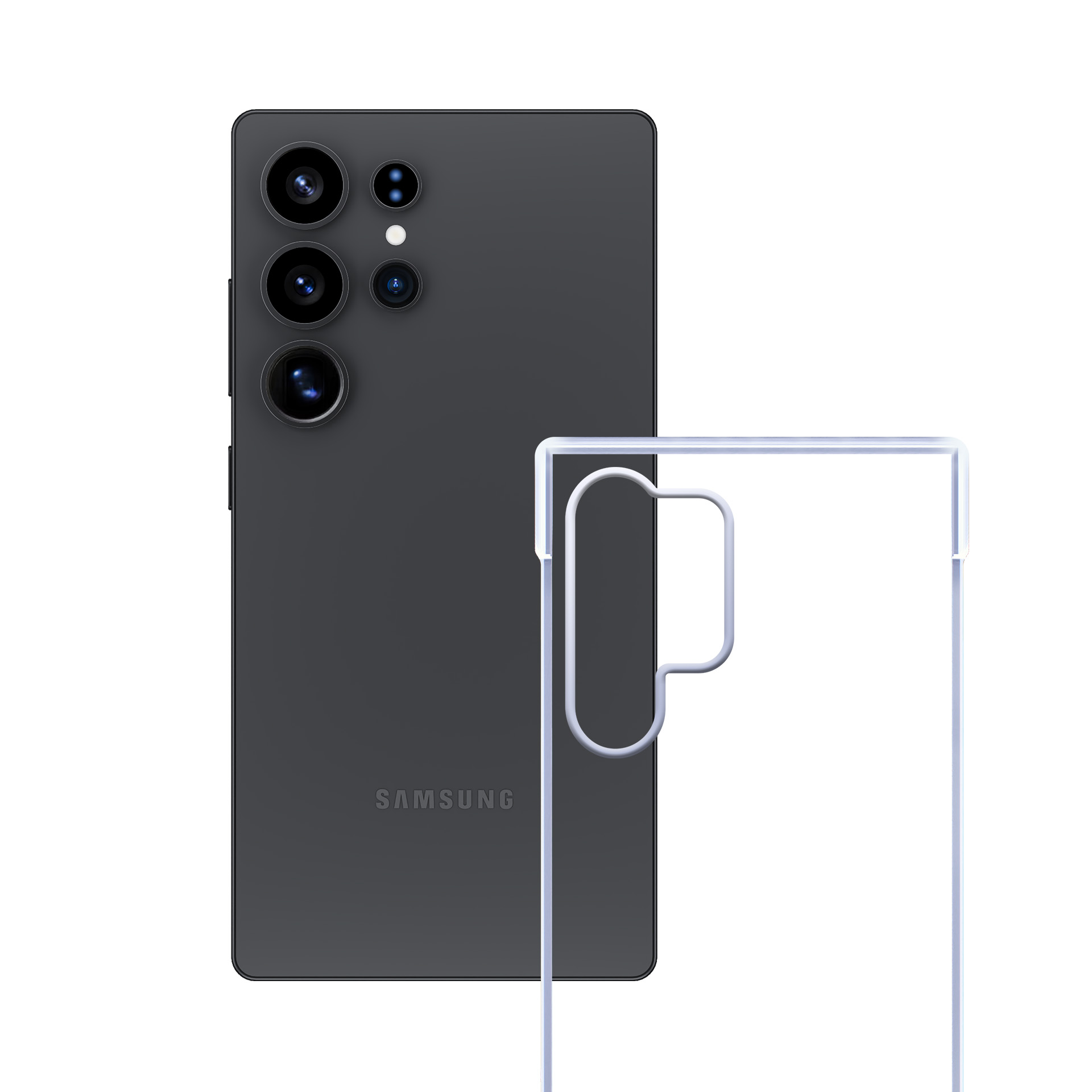 Ciemnoszary telefon z wieloma aparatami, przezroczystym etui i logo Samsung na białym tle.