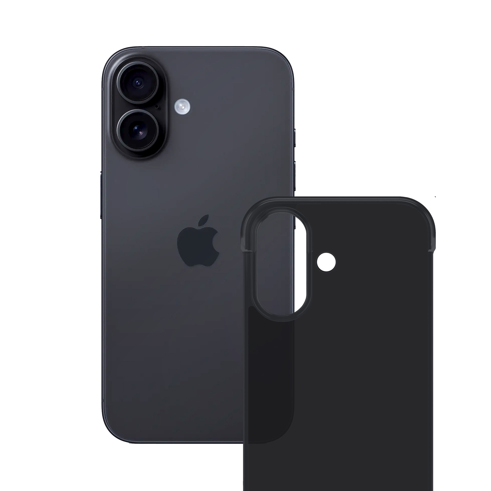 Ciemnoszary iPhone i czarne etui do telefonu wyświetlane na białym tle. Telefon wyświetla logo Apple.