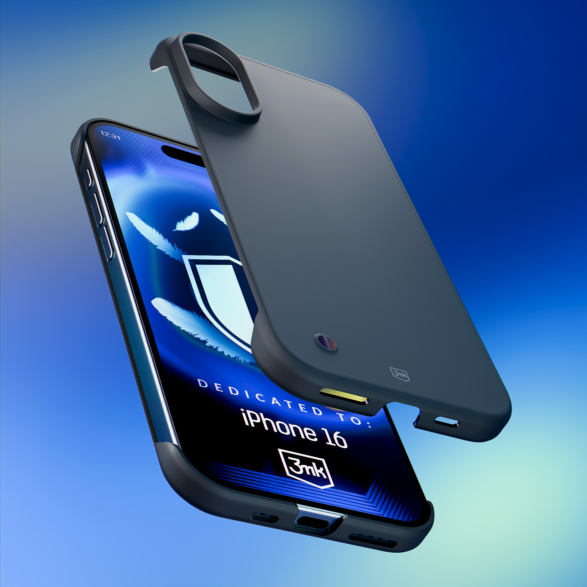 iPhone 16 z ciemnoszarą obudową. Ekran wyświetla logo i tekst. Obudowa jest otwarta.