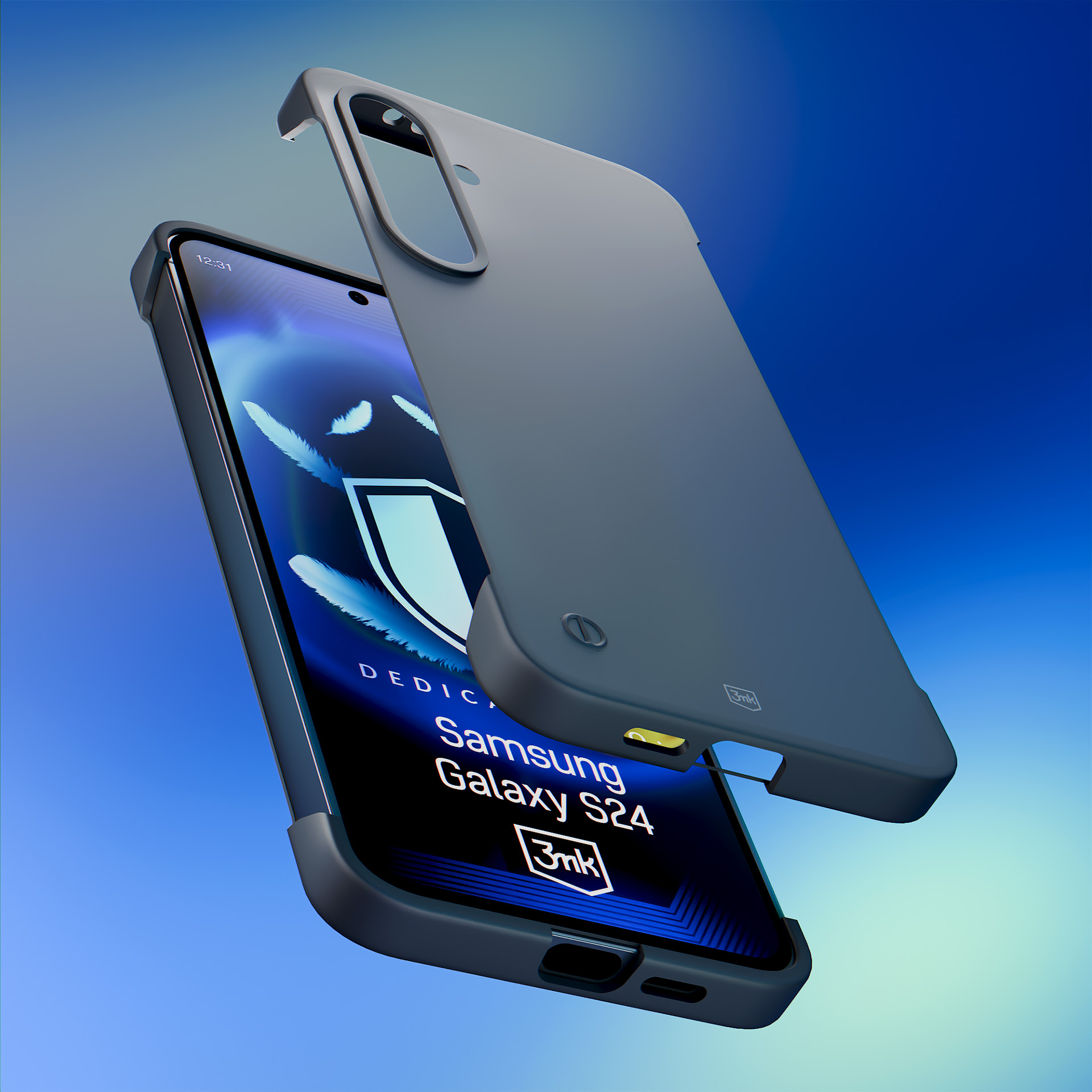 Szare etui na telefon Samsung Galaxy S24. Telefon widoczny z logo tarczy. Etui jest odłączone.