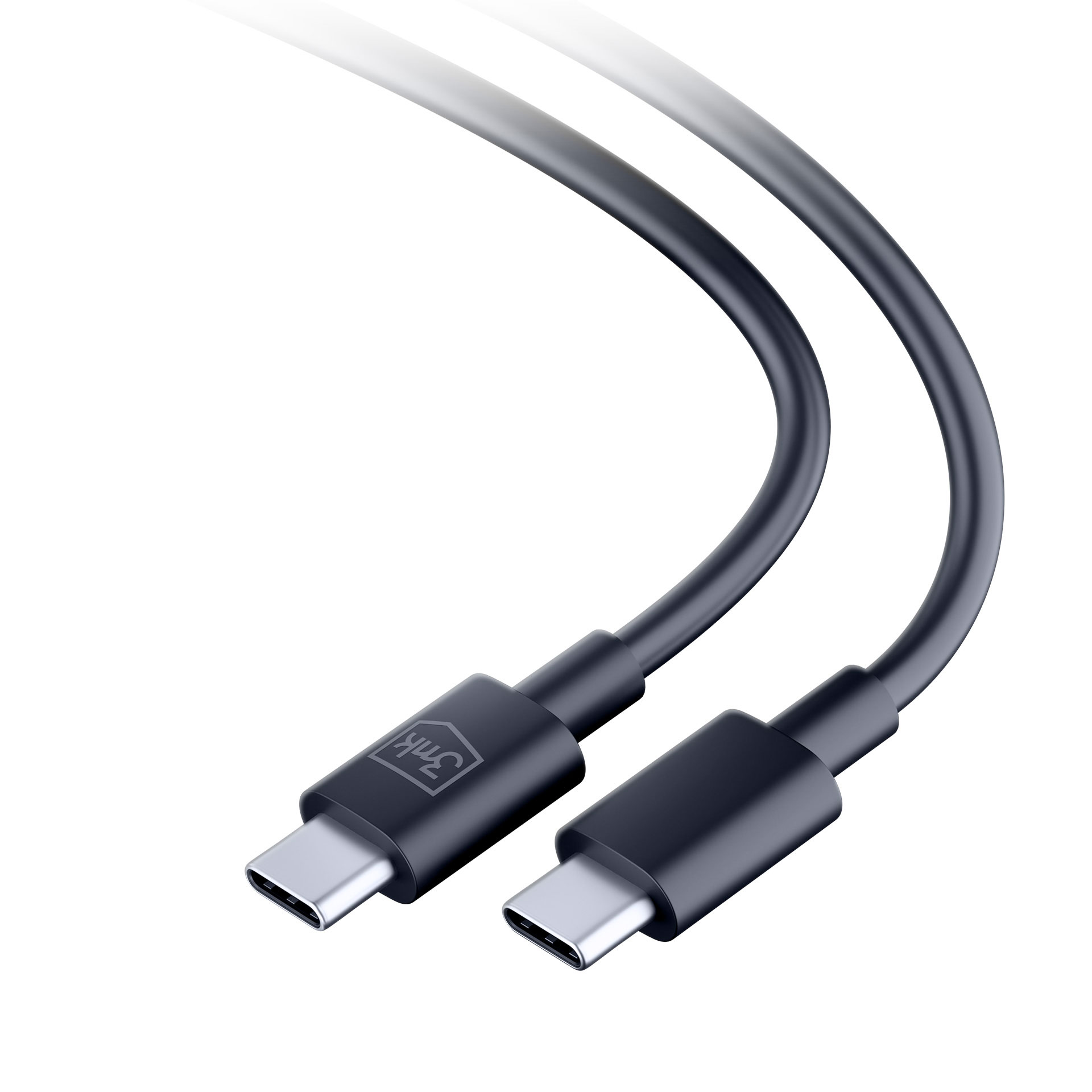 Due cavi USB-C neri su sfondo bianco. Un cavo ha un logo. I cavi sono curvi.