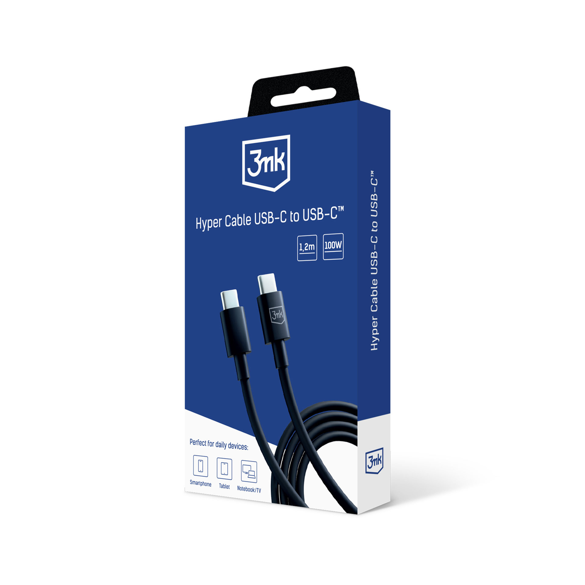 Una confezione di un cavo USB-C. Presenta il cavo e il marchio 3mk. È blu e bianco.