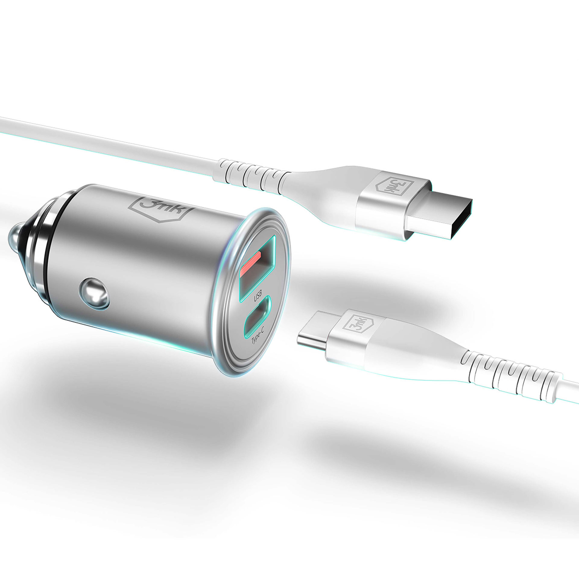 Srebrna ładowarka samochodowa z dwoma białymi kablami USB-C. Ładowarka ma port USB i port Type-C.