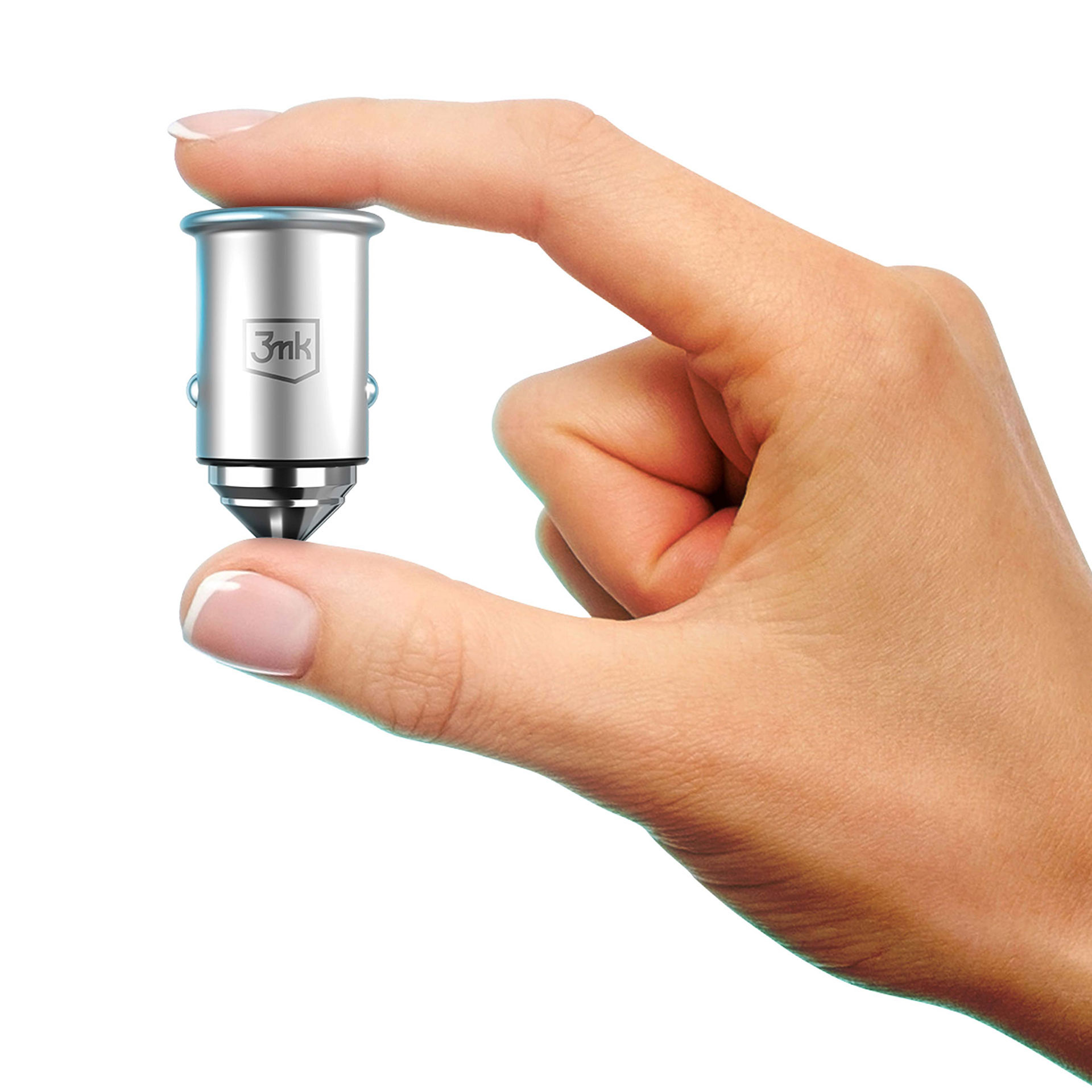 Dłoń trzyma srebrny przedmiot. Obiekt ma cylindryczną górę z napisem "3mk". Tło jest białe.